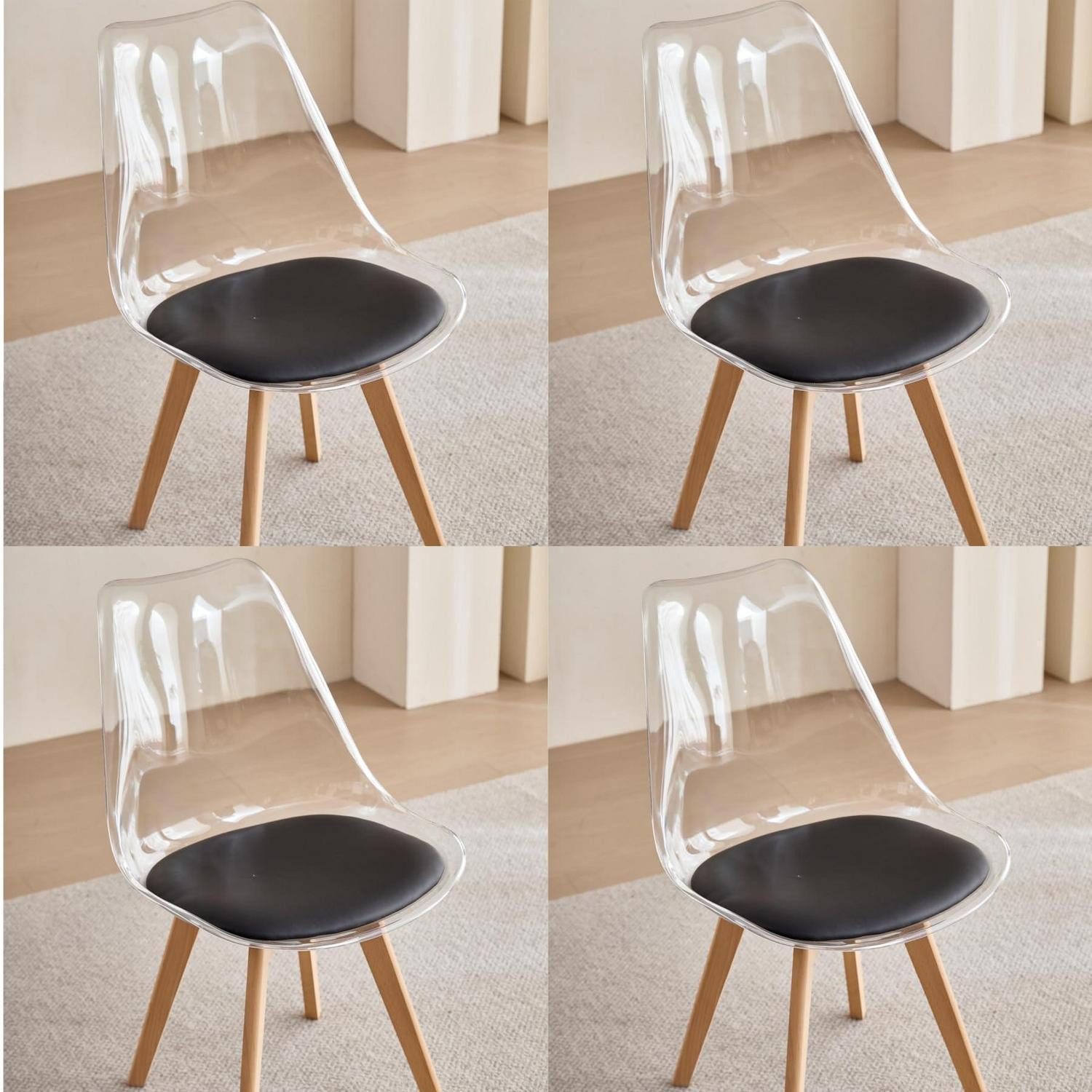 LuxusKollektion Esszimmerstuhl Esszimmerstuhl 4er Set Transparentes + Schwarzes Pu-leder 4er-Set