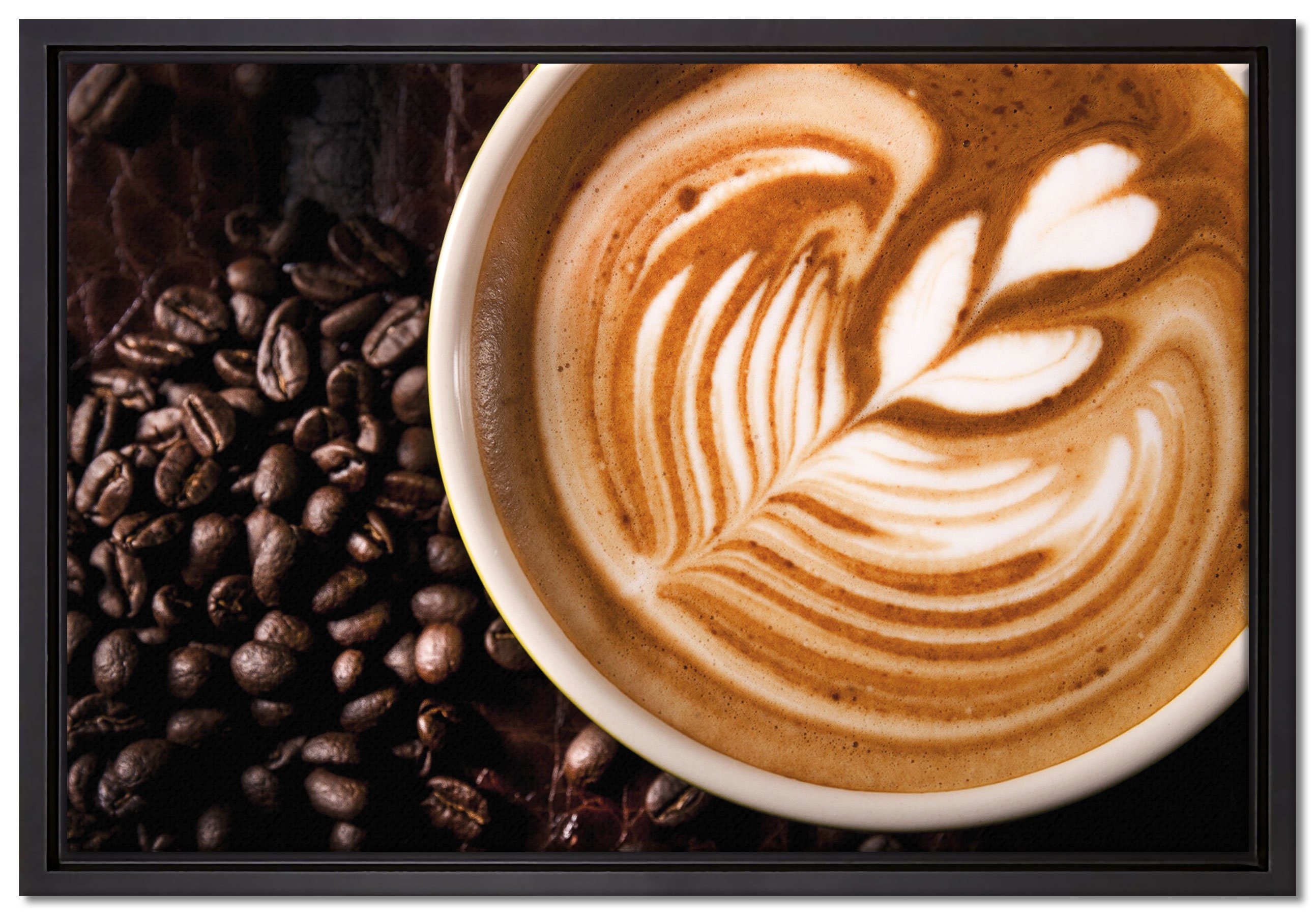 Pixxprint Leinwandbild Tasse Kaffee mit Schaumherz, Wanddekoration (1 St), Leinwandbild fertig bespannt, in einem Schattenfugen-Bilderrahmen gefasst, inkl. Zackenaufhänger