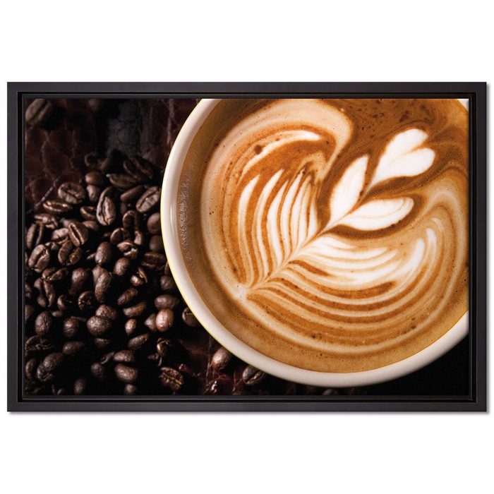 Pixxprint Leinwandbild Tasse Kaffee mit Schaumherz Wanddekoration (1 St) Leinwandbild fertig bespannt in einem Schattenfugen-Bilderrahmen gefasst inkl. Zackenaufhänger
