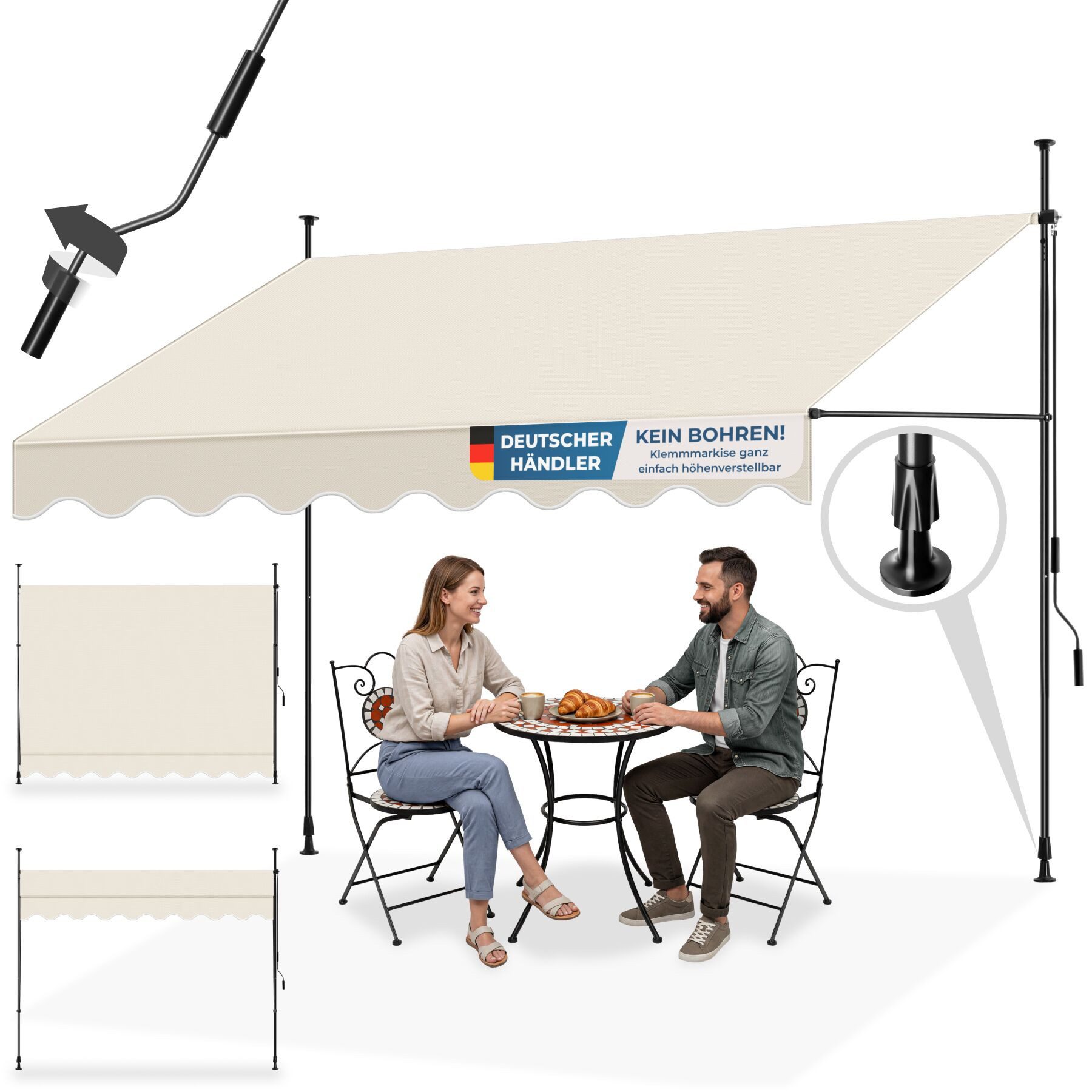 tectake Klemm-Senkrechtmarkise Klemmmarkise - Balkonmarkise mit Handkurbel, UV-beständig (Sichtschutz/Sonnenschutz für Terrasse und Garten, in beige) 180 x 300 x 304 cm, höhenverstellbar 211 - 304 cm, wasserabweisend
