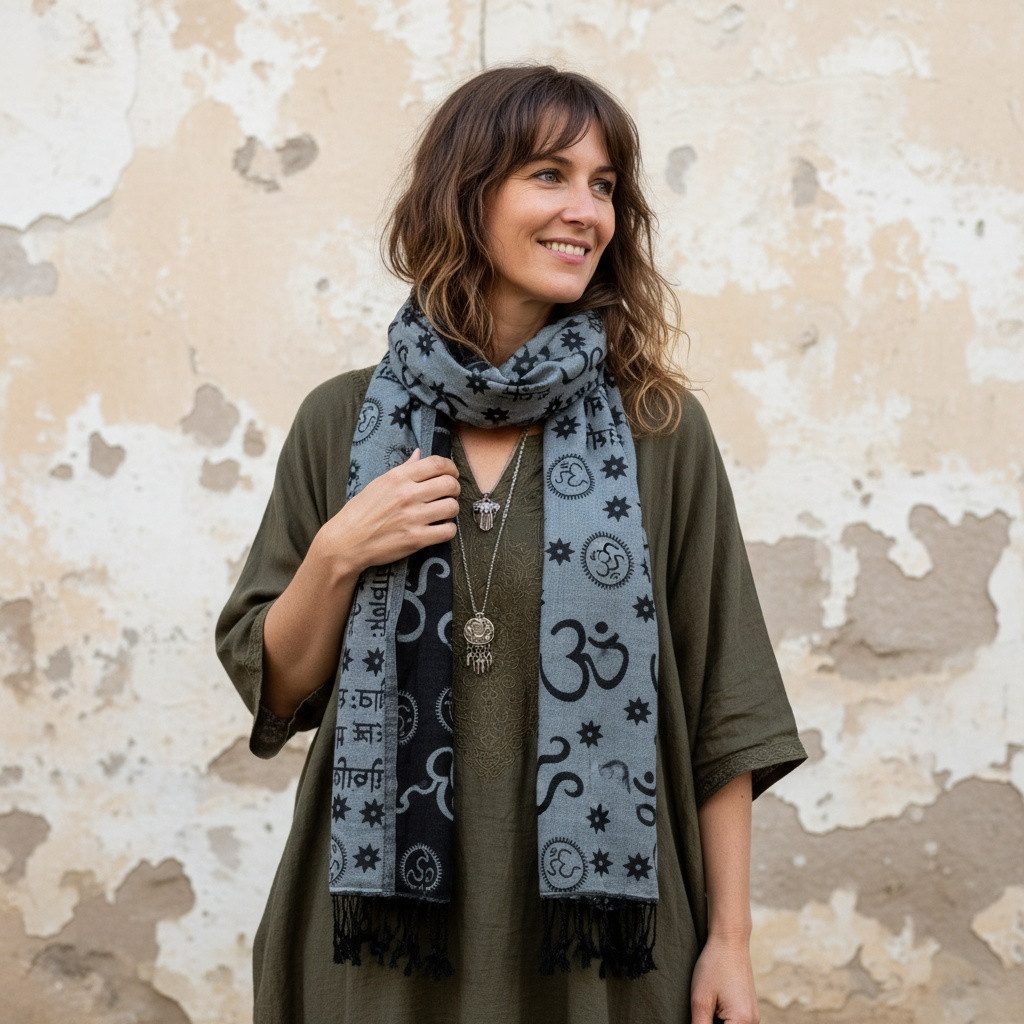 Guru-Shop Halstuch Viskose Schal Stola mit OM Musterr - grau günstig online kaufen