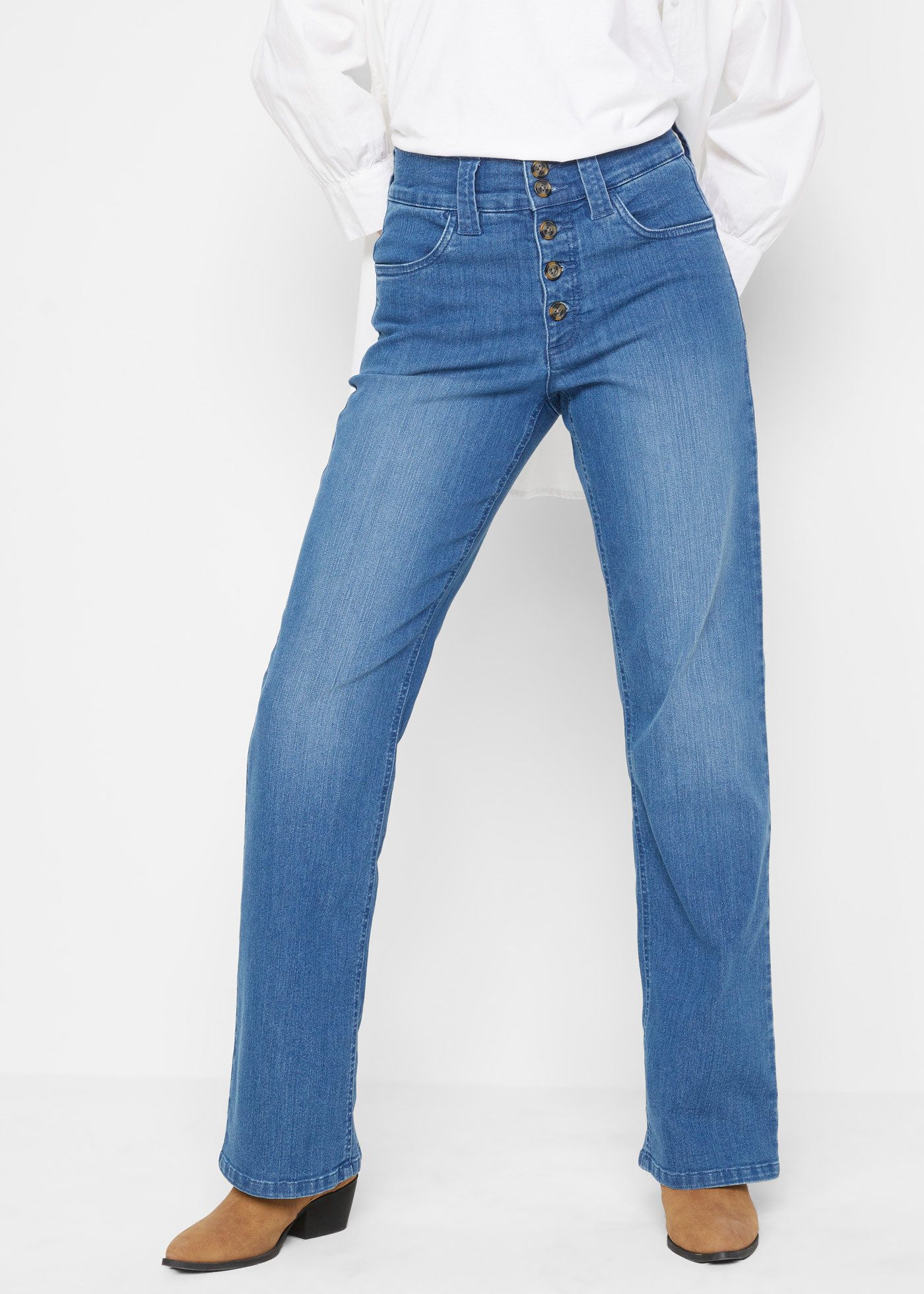 bonprix Straight-Jeans mit Taschen und Knopfleiste vorn