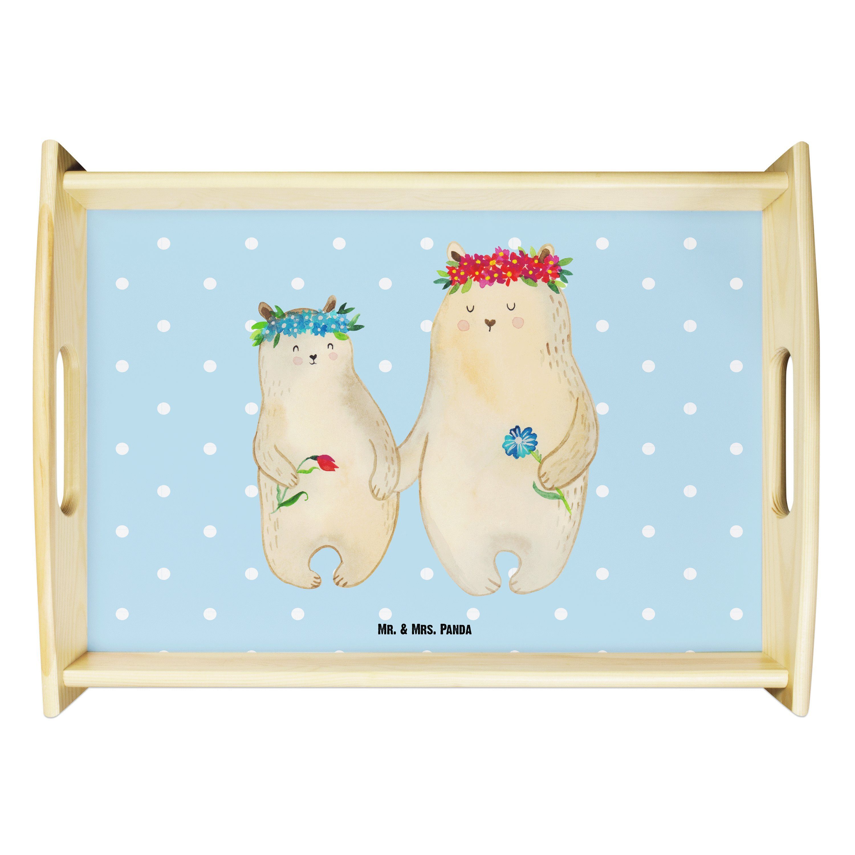 Mr. & Mrs. Panda Tablett Bären mit Blumenkranz - Blau Pastell - Geschenk, Holztablett, Muttert, Echtholz lasiert, (1-tlg)