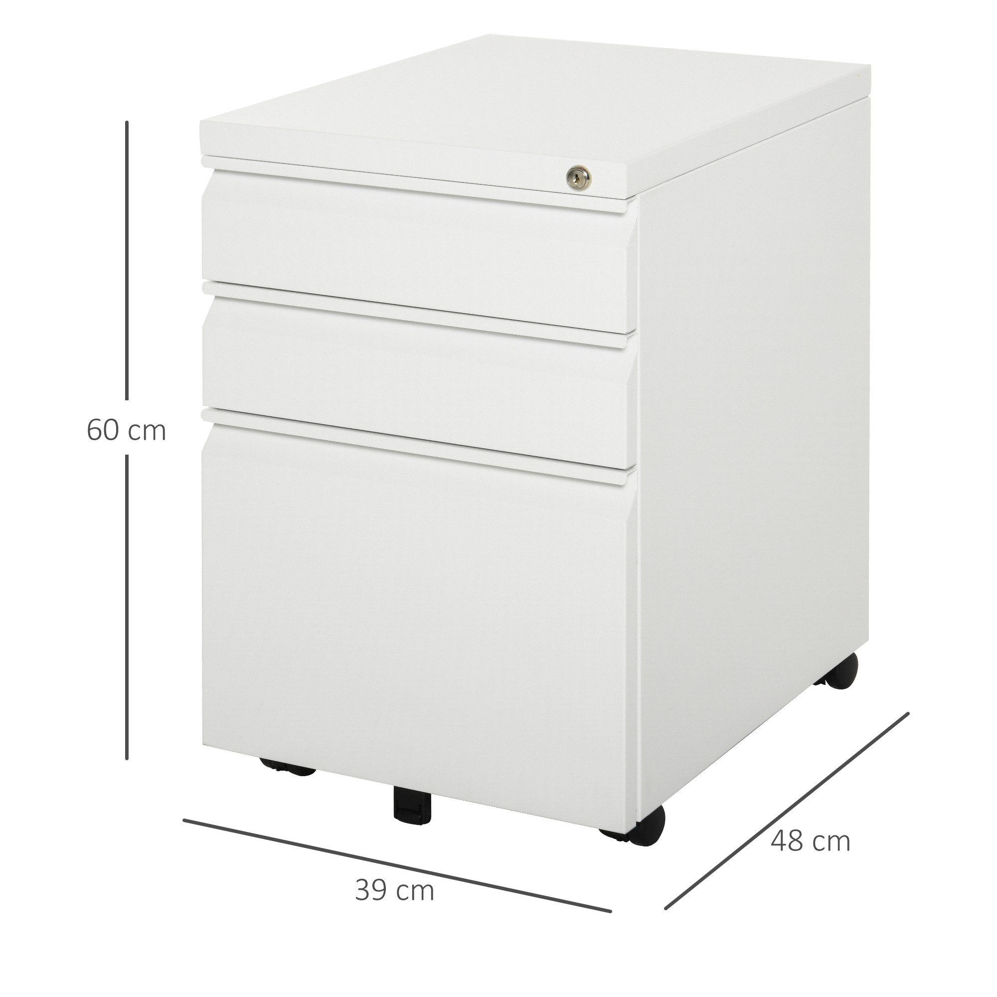 Vinsetto Rollcontainer Aktenschrank mit 3 Schubladen, Büroschrank mit Rollen abschließbar, (Büroschrank, 1 St., Bürocontainer), Stahl Weiß 39 x 48 x 60 cm – Bild 3 von 5