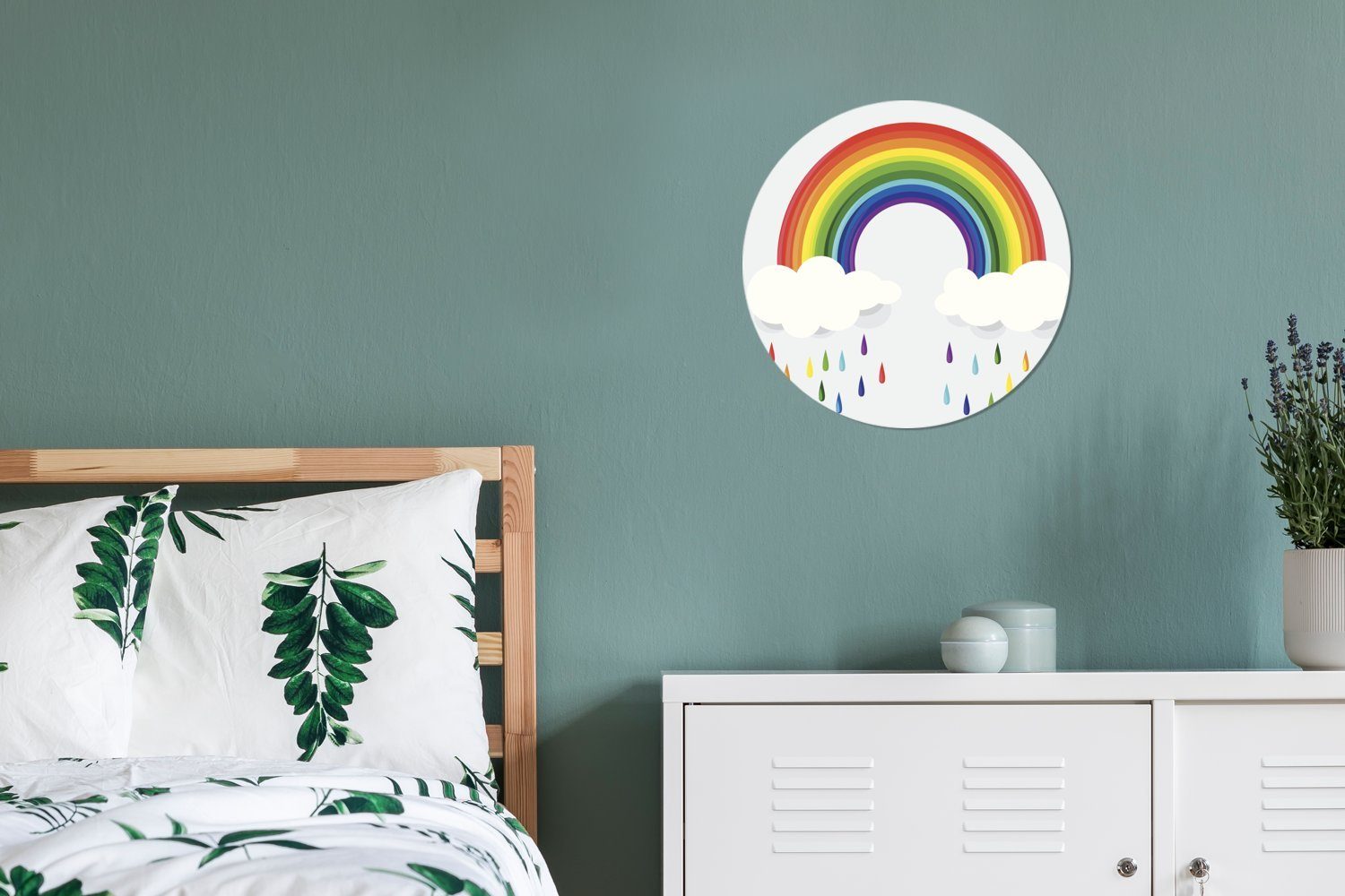 MuchoWow Wandsticker Wohnzimmer Regenbogens Kinderzimmer, Tapetenaufkleber, mit Regenbogentropfen Illustration (1 eines Eine St), Tapetenkreis und Rund, Wolken für