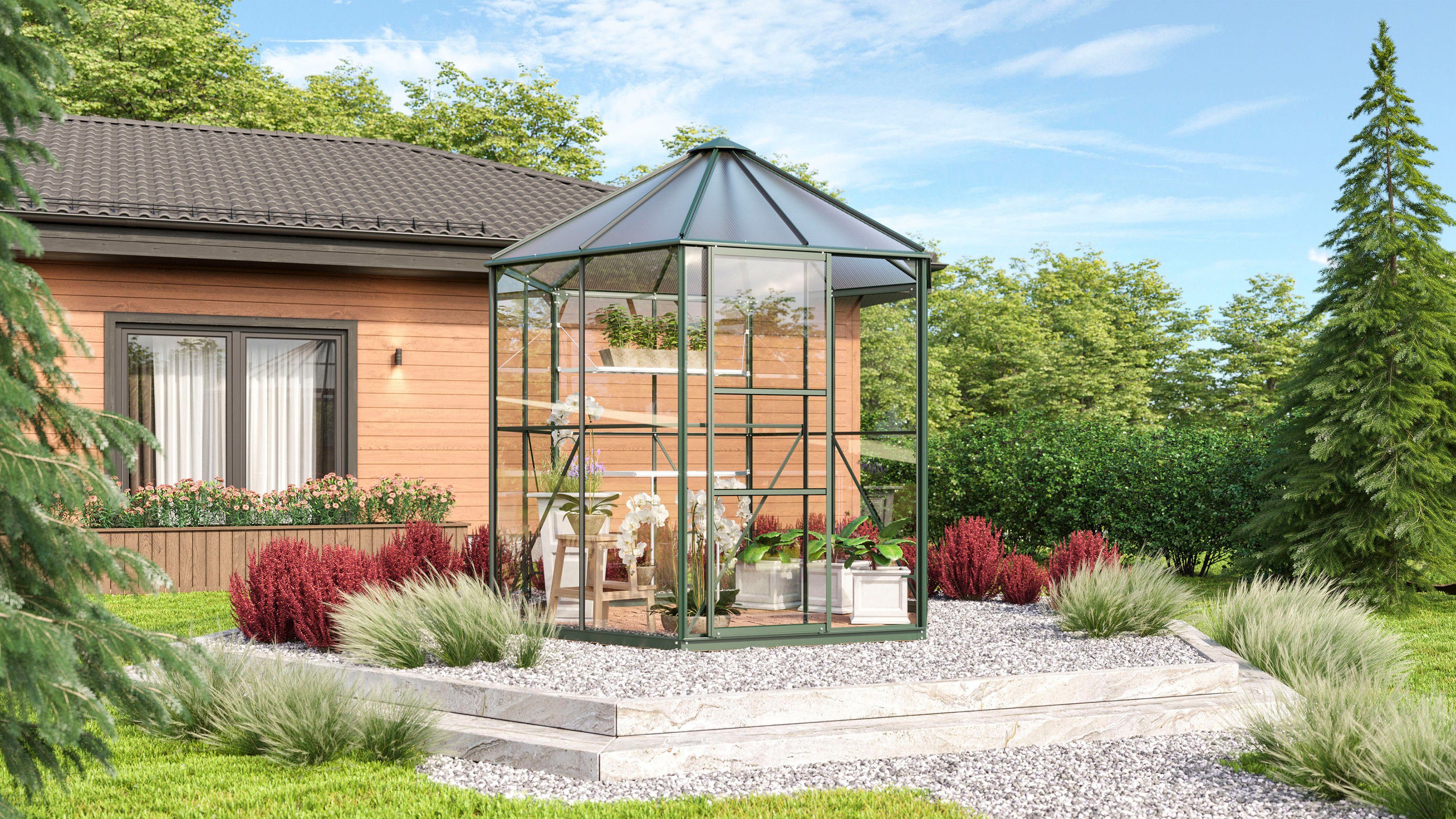 Vitavia Gewächshaus Juno 4500, mit Stahlfundamentrahmen, BxTxH: 220,9 x 252,8 x 263 cm, 3 mm Wandstärke, Alu-Profile,3 mm Sicherheitsglas, Dach 6 mm Hohlkammerplatten