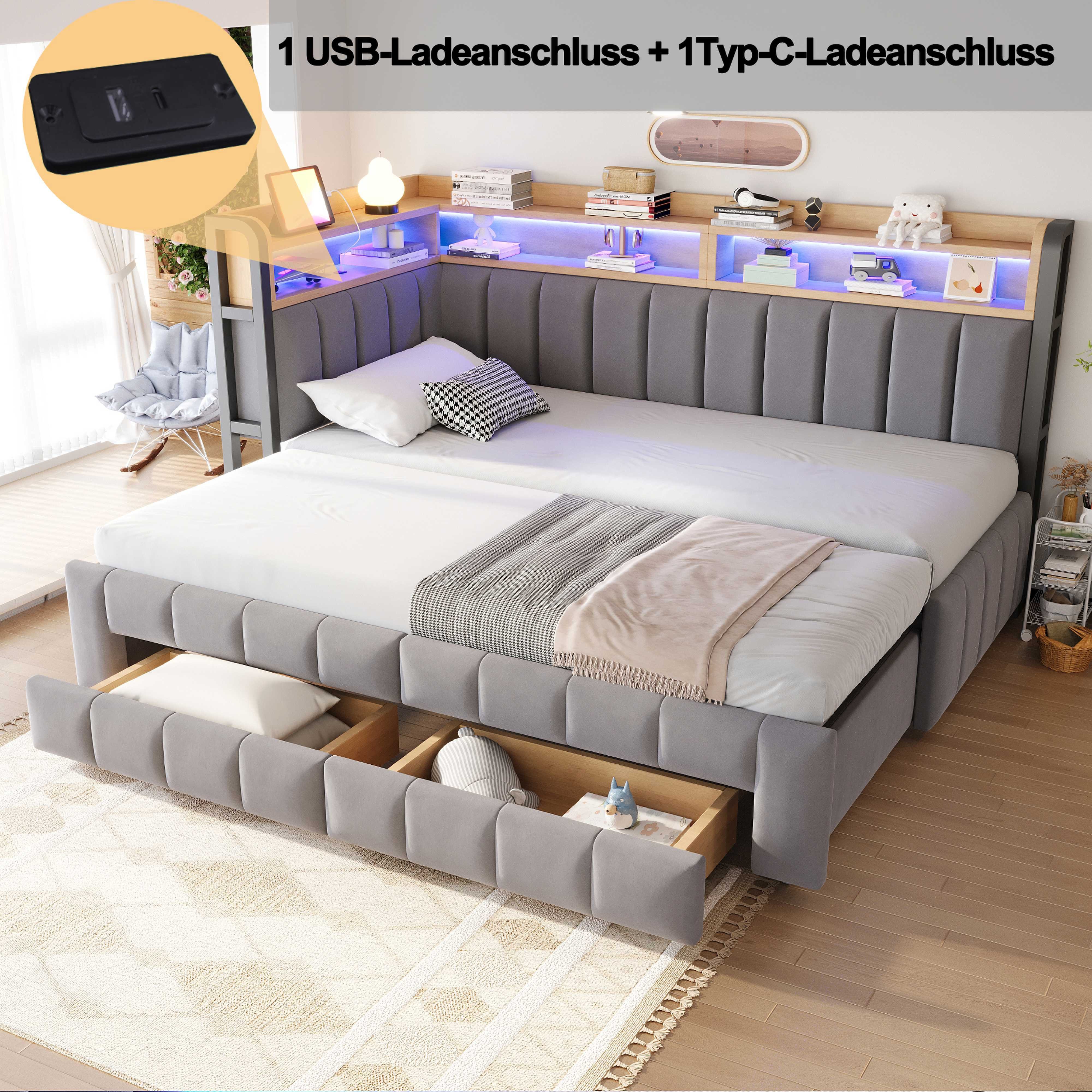 BlingBin Polsterbett Schlafsofa Tagesbett 90/180×200cm mit Ausziehbarem Bettteil,Samtstoff (2 Packung, 1-tlg., mit LED-Beleuchtung, USB- und Typ-C-Anschlüssen,Hellgrau), Daybett mit Stauraumschubladen, Ablage und Staufächern,Samtstoff