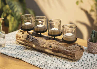 Dekoleidenschaft Kerzenhalter "Rustikal" aus verwittertem Holz, Unikat, 49 cm lang, Kerzenleiste mit, 4x Windlichtglas, Kerzenboard, Teelichthalter, Kerzenständer