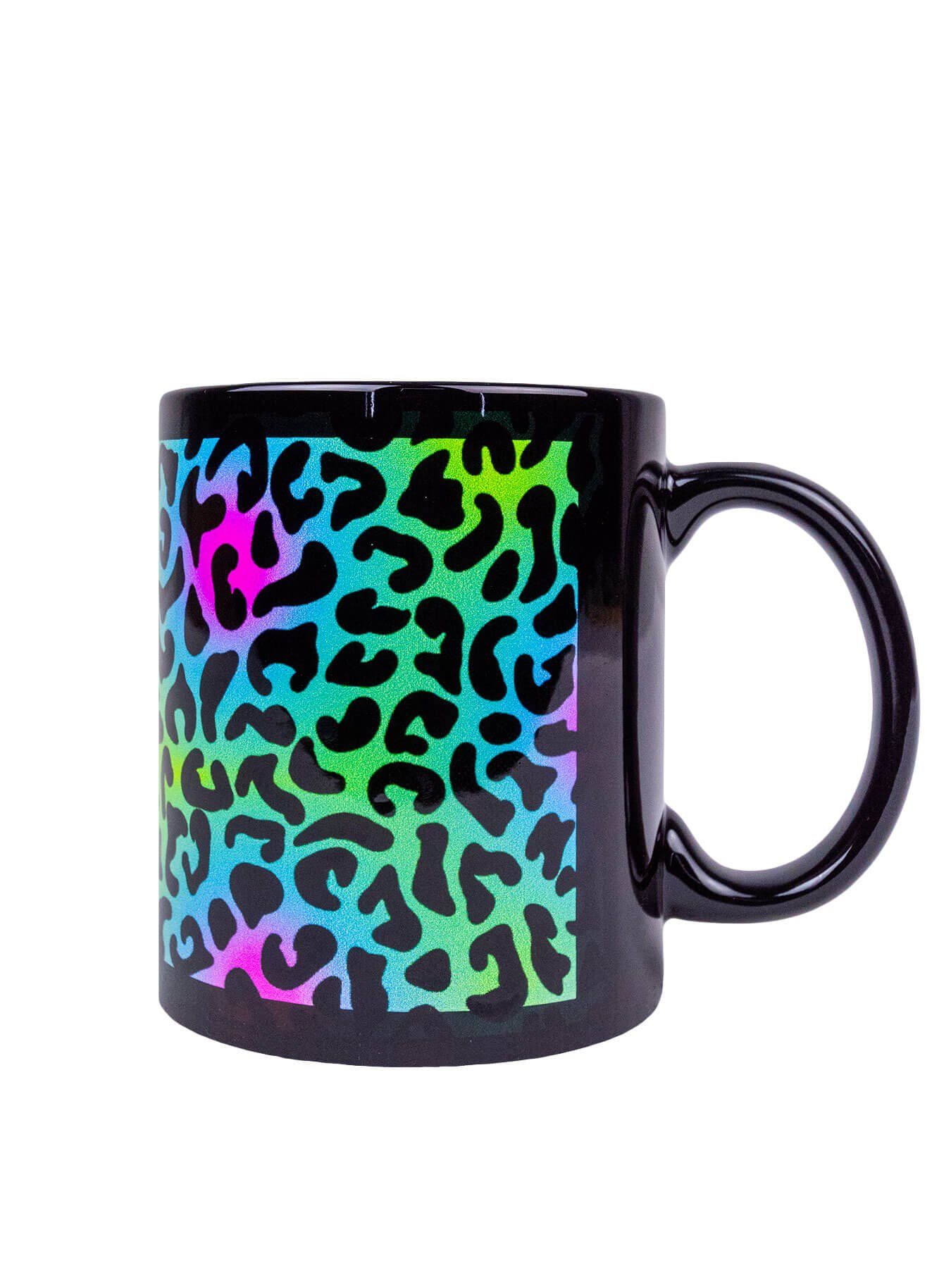 PSYWORK Tasse Fluo Cup Motiv Leopard", Keramik, leuchtet unter Print UV-aktiv, "Animal Schwarzlicht Tasse Neon
