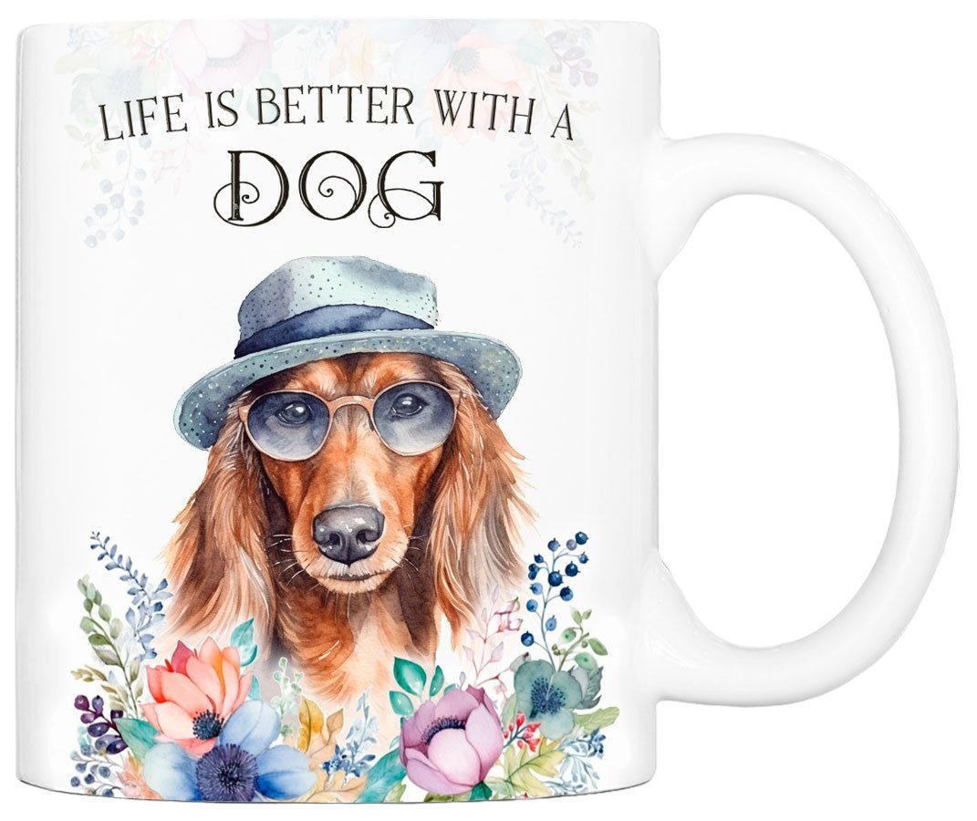 mit Kaffeetasse ml LANGHAARDACKEL beidseitig für Hundefreunde, Geschenk, Tasse Keramik, - handgefertigt, bedruckt, Cadouri Hunderasse, 330