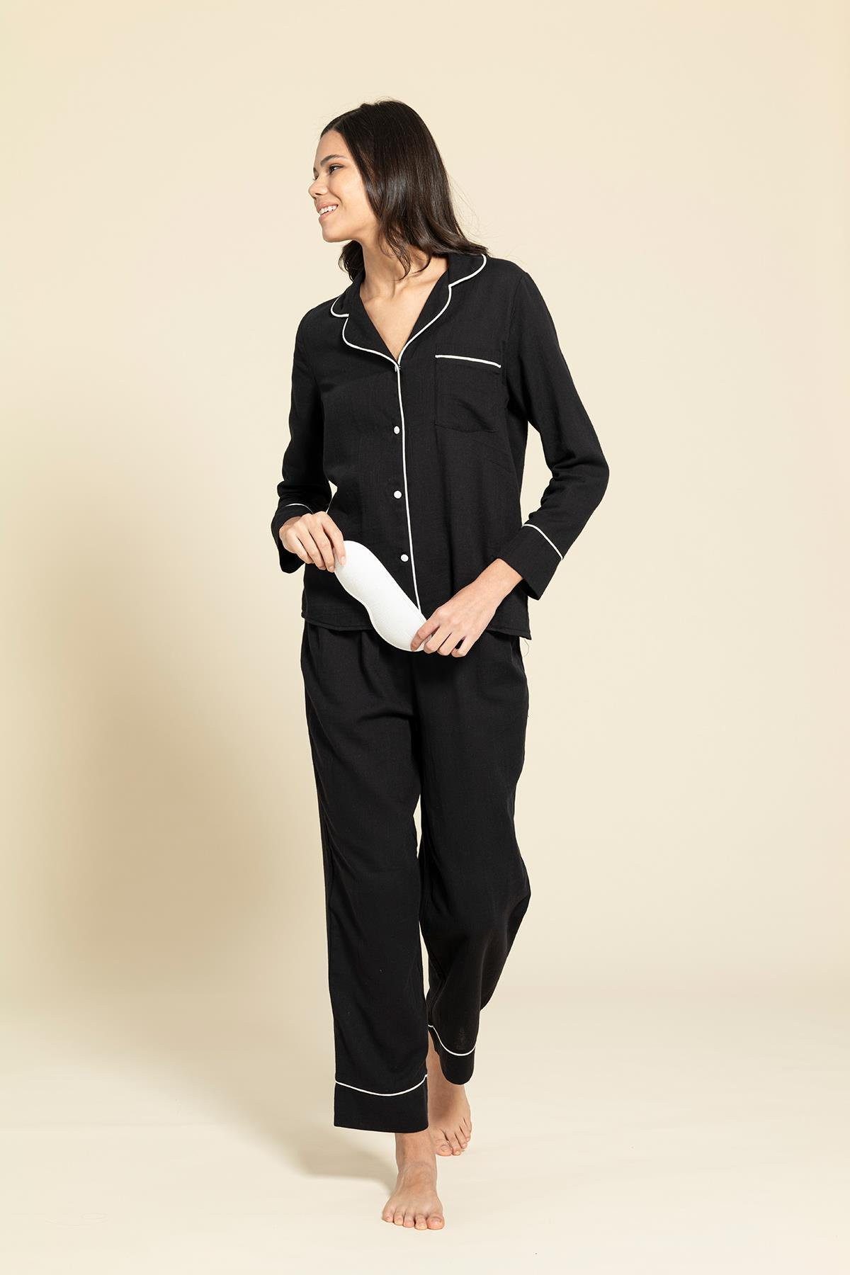 For You Moda Pyjama 3-teiliges Bio-Weiß gestreiftes Schwarzes Pyjama-Set günstig online kaufen