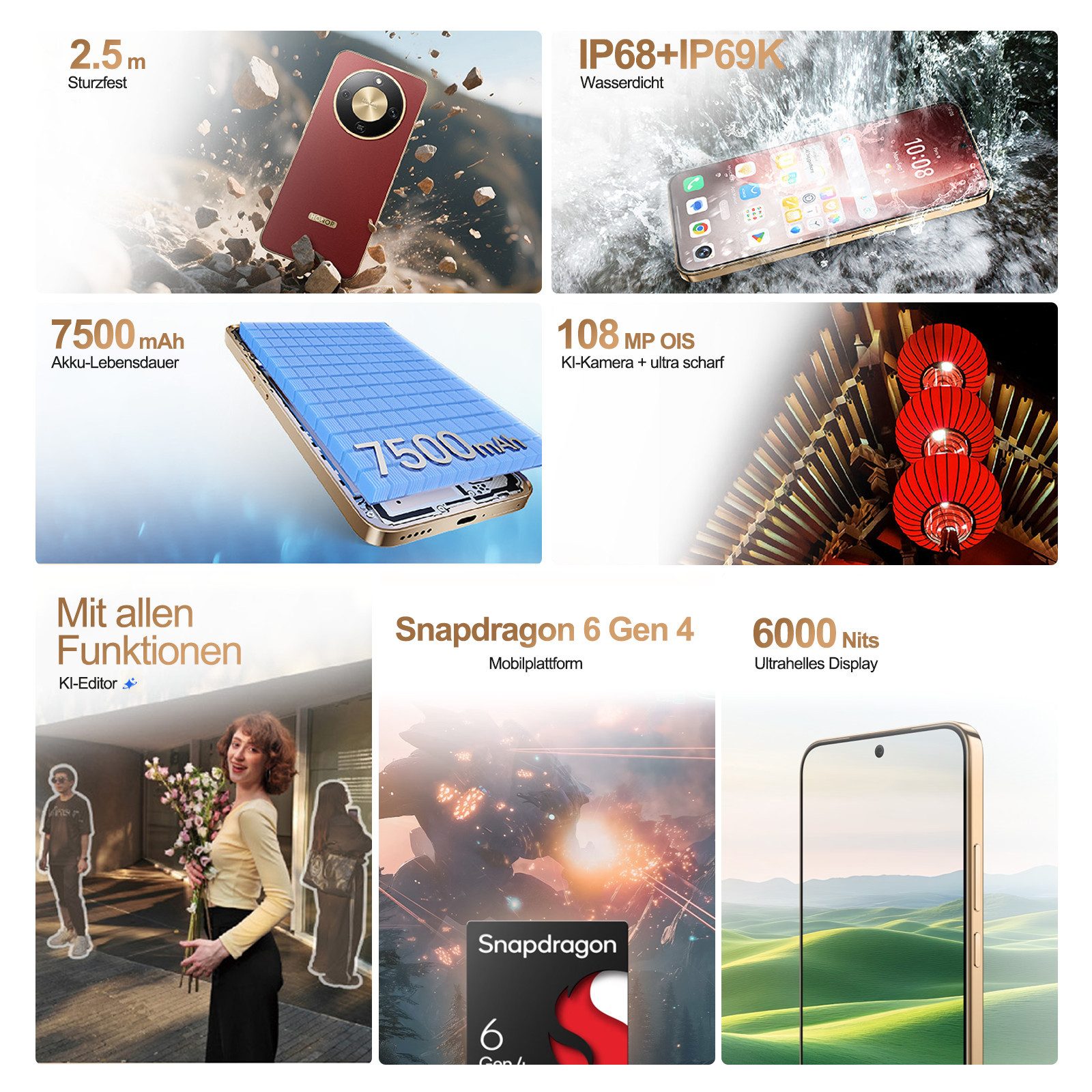 Honor HONOR Magic8 Lite 5G 6,79" AMOLED 120Hz, 7500mAh, 66W, IP68/IP69K Smartphone (17,25 cm/6.79 Zoll, 512 GB Speicherplatz, Robustes Mittelklasse-Smartphone mit großem Akku & KI-Kamera)