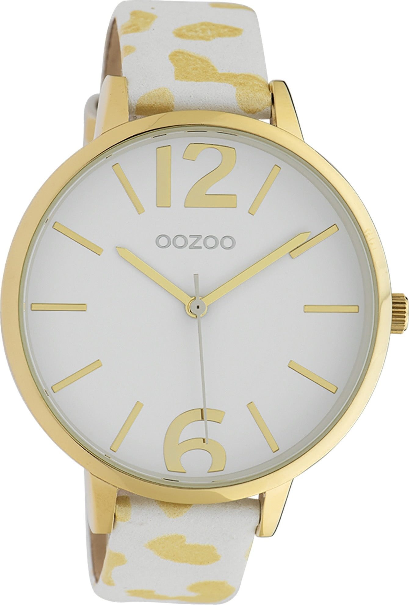 OOZOO Quarzuhr Oozoo Damen Armbanduhr Timepieces Analog, (Analoguhr), Damenuhr rund, groß (ca. 43mm), Lederarmband weiß, gelb, Fashion