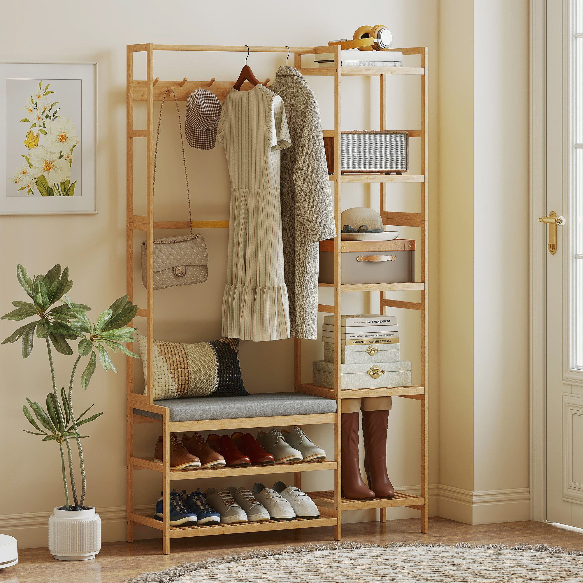 HOMCOM Garderobenständer mit Schuhregal, Kleiderhaken, Mantelständer, Sitzbank mit Kissen, (Kleiderständer, 1 St., Standgarderobe), für Wohnzimmer, Schlafzimmer, Naturholz