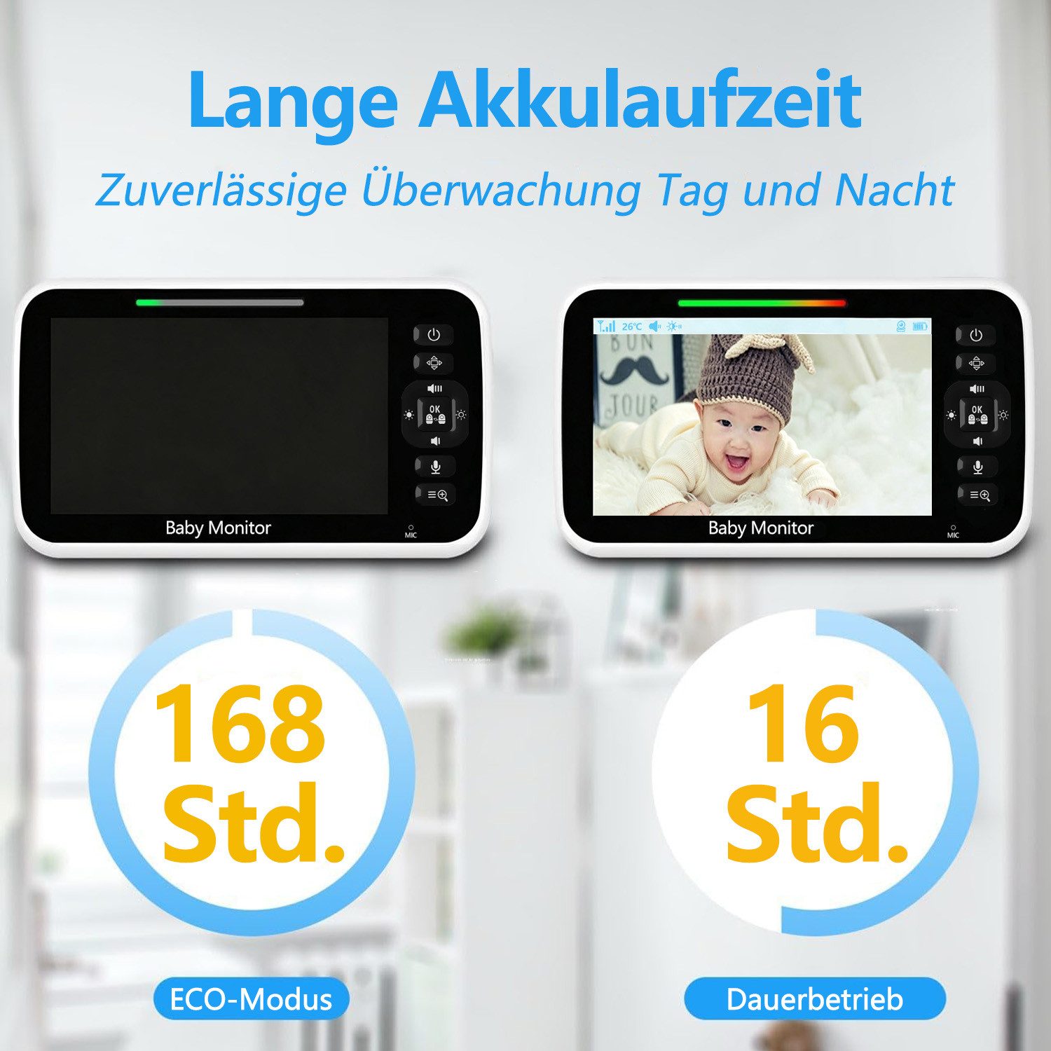 Whraills Babyphone Babyphone mit Kamera und Halterung, 2.4GHz FHSS, 6000mAh, Nachtsicht, Gegensprechfunktion, Schlaflieder, Schallerkennung, Datenschutz, 5" Mon – Bild 4 von 5