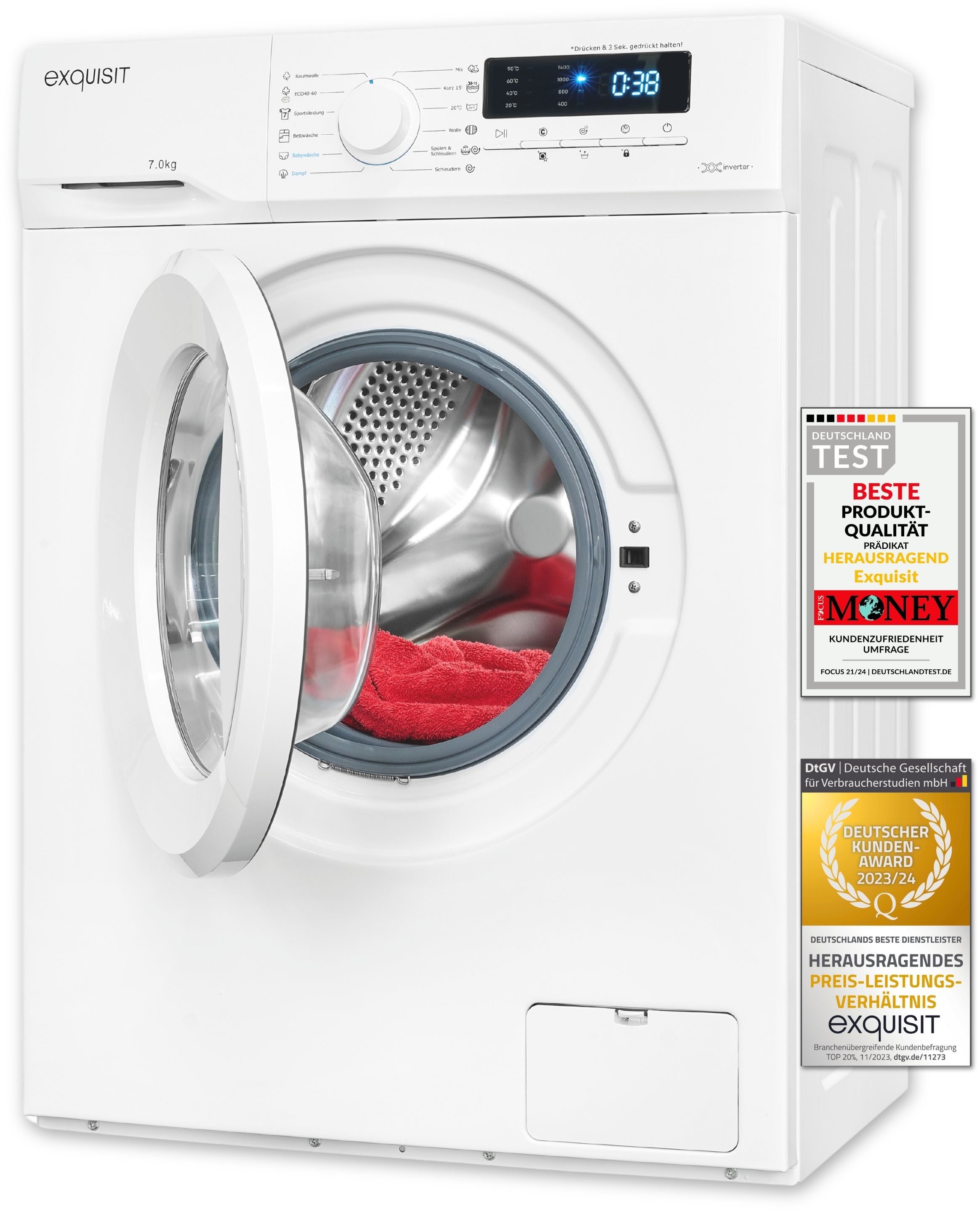 exquisit Waschmaschine WA7014-020A, 7 kg, 1400 U/min, Kurzprogramm-frische Wäsche nach 15 Minuten,AquaStop-Vollwasserschutz