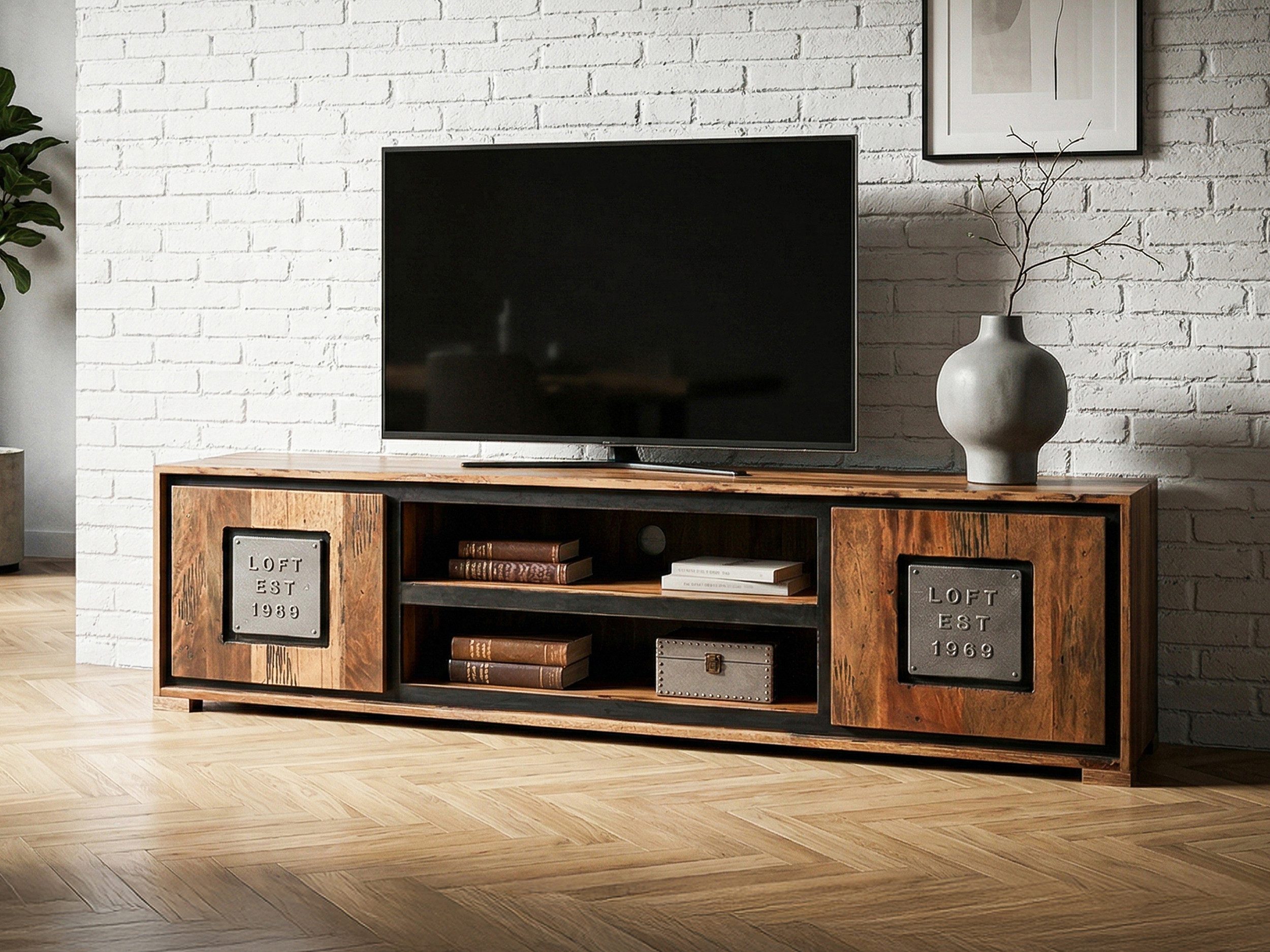 Massivart® Lowboard 180 cm Breite TV-Board Akazie Altholz massiv »NARVIK«, Massivholz · montiert · 2 Drehtüren · 2 Gerätefächer