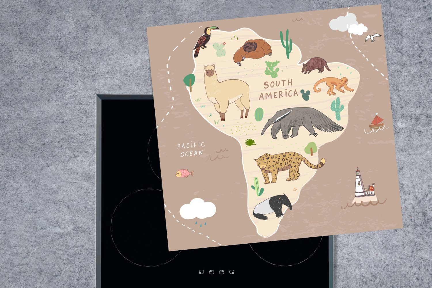 MuchoWow Herdblende-/Abdeckplatte Tiere - Ceranfeldabdeckung, Braun Jungen - (1 Kinder Vinyl, 78x78 - cm, - Arbeitsplatte Weltkarte - für Kinder Mädchen, tlg), küche