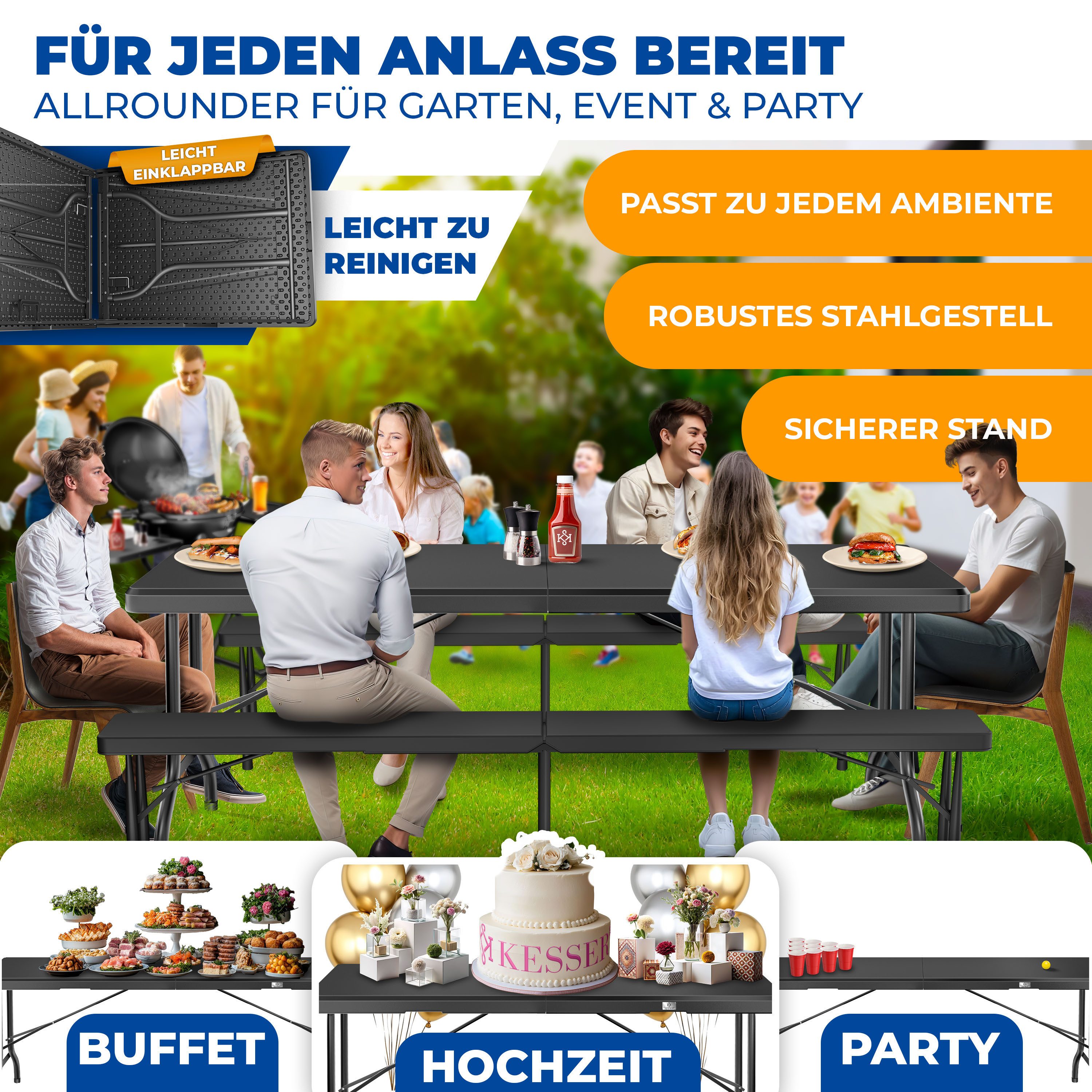 KESSER Tabletttisch, Buffettisch Tisch klappbar Kunststoff 183/220x76 cm Campingtisch