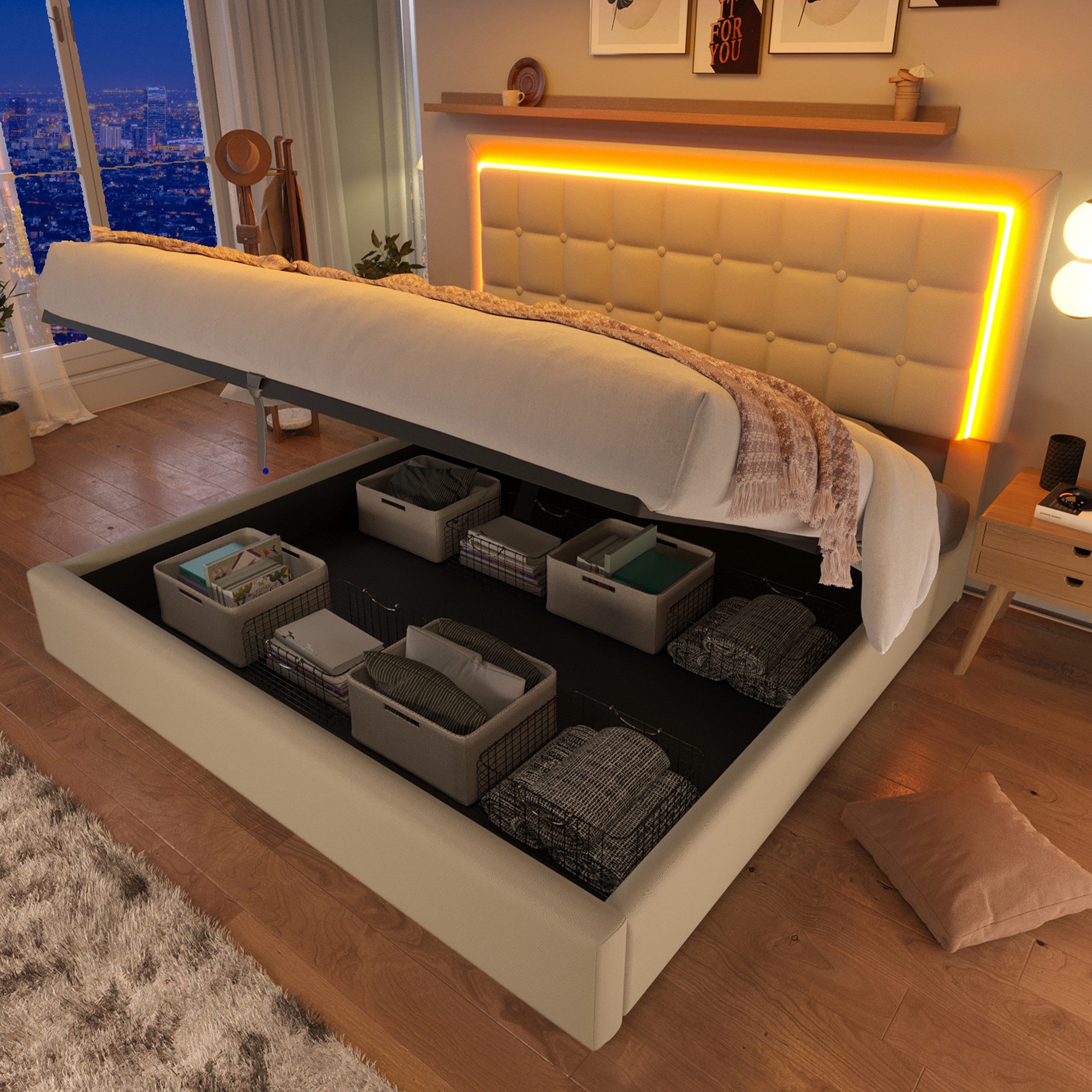 Flieks Stauraumbett (1-tlg), LED-Beleuchtung Kunstleder Doppelbett günstig online kaufen