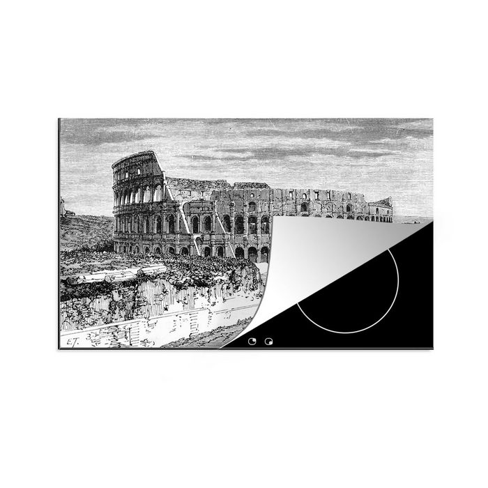 MuchoWow Herdblende-/Abdeckplatte Schwarz-Weiß-Abbildung des Kolosseums in Rom Vinyl (1 tlg) Ceranfeldabdeckung für die küche Induktionsmatte