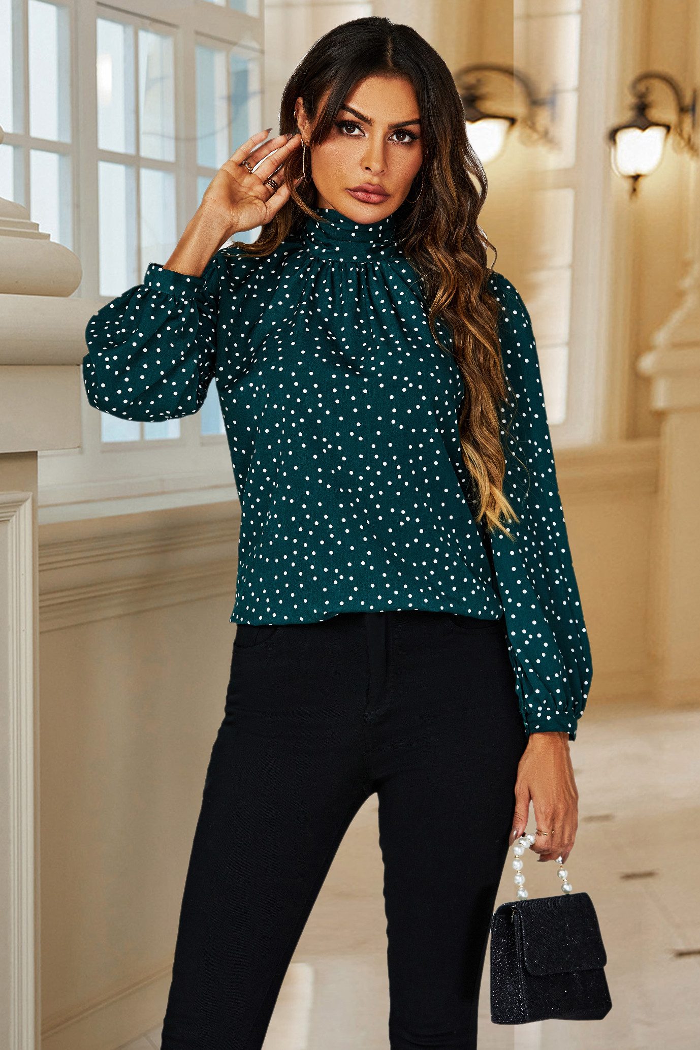FS Collection Langarmbluse Damen Bluse mit Bindeband hinten und Polka-Dot-Print - Blusenoberteil (S (EU:36 / UK:8) M (EU:38 / UK:10) L (EU:40 / UK:12) XL (EU:42 / UK:14), Petrolgrün) leicht, glatt, formstabil und pflegeleicht