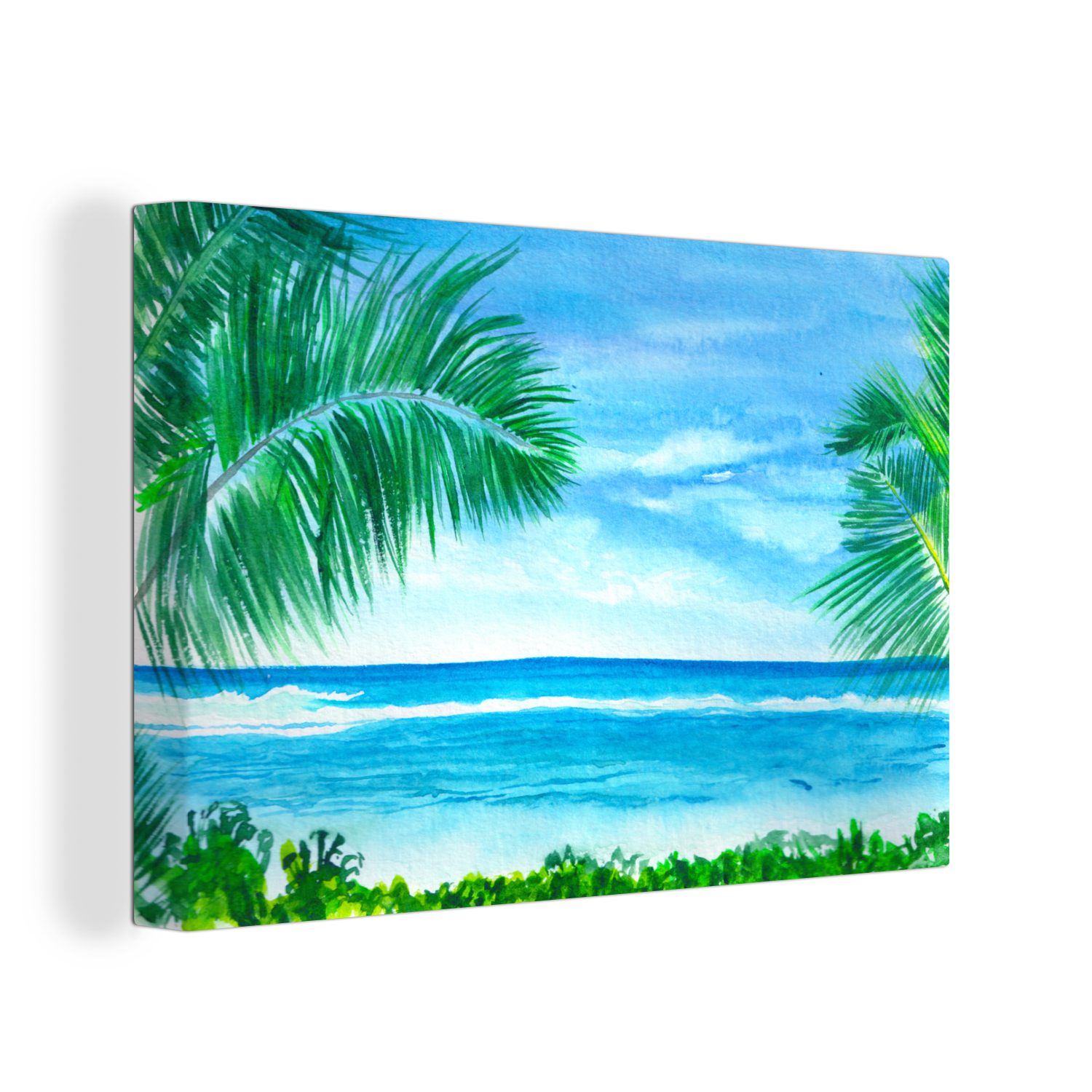 OneMillionCanvasses® Leinwandbild Meer - Pflanze - Aquarell, (1 St), Wandbild Leinwandbilder, Aufhängefertig, Wanddeko, 30x20 cm