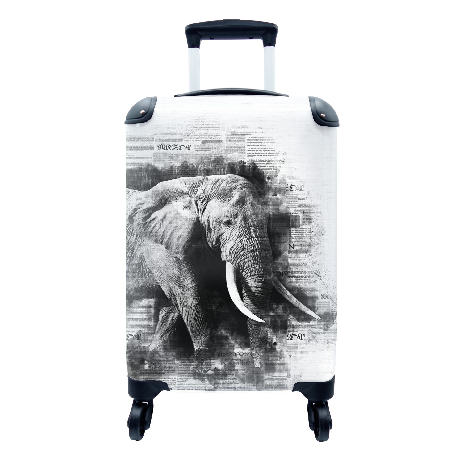MuchoWow Handgepäckkoffer Abstrakter Elefant für Reisekoffer auf Ferien, Zeitungsausschnitt Reisetasche rollen, und - Trolley, Rollen, schwarz 4 weiß, mit Handgepäck