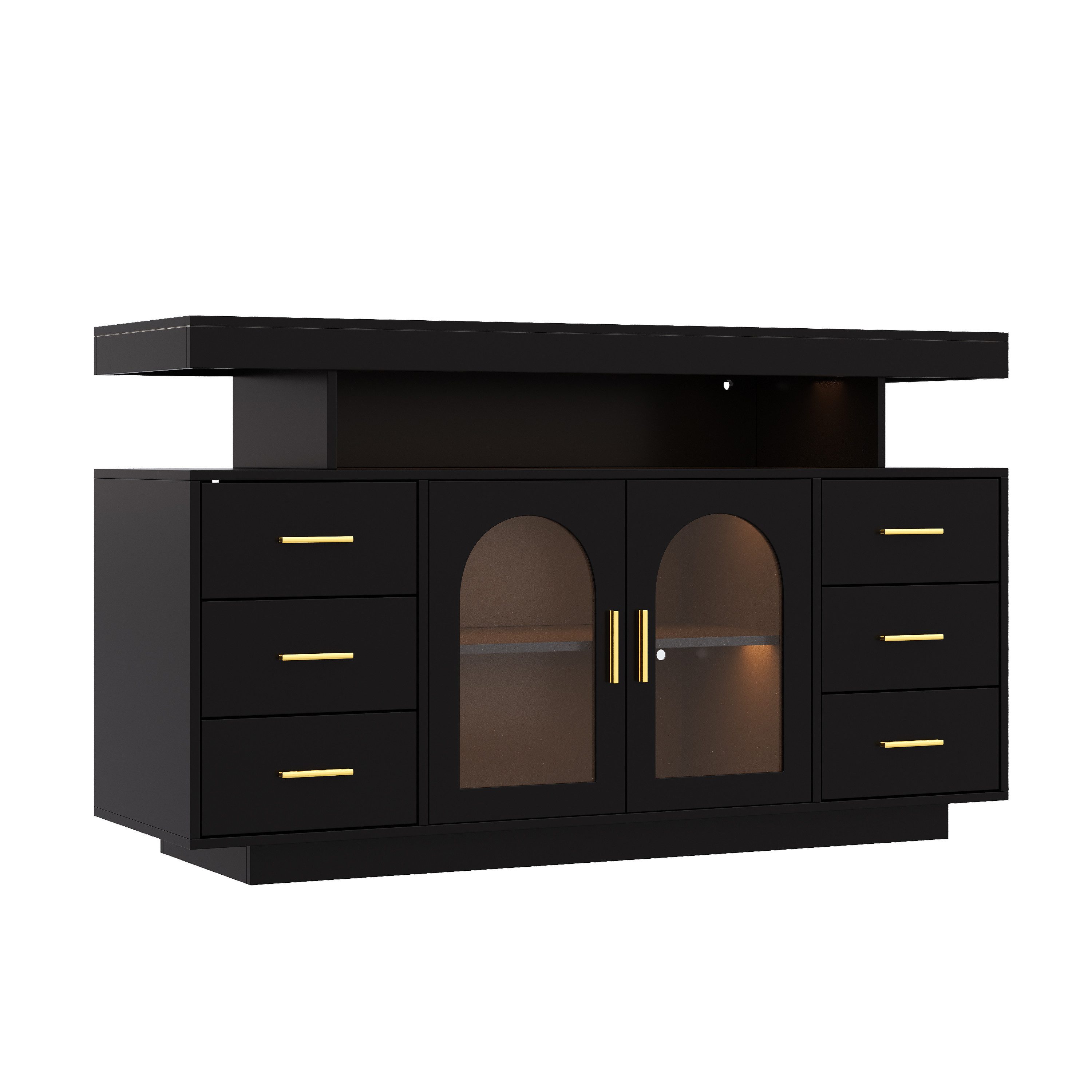 Flieks Kommode Weinschrank mit LED-Beleuchtung, 6 Schubladen, 2 Glastüren Sideboard (B140/T40/H82 cm, 1 St., Schrank für Wohnzimmer, Esszimmer, Schlafzimmer), M – Bild 5 von 5