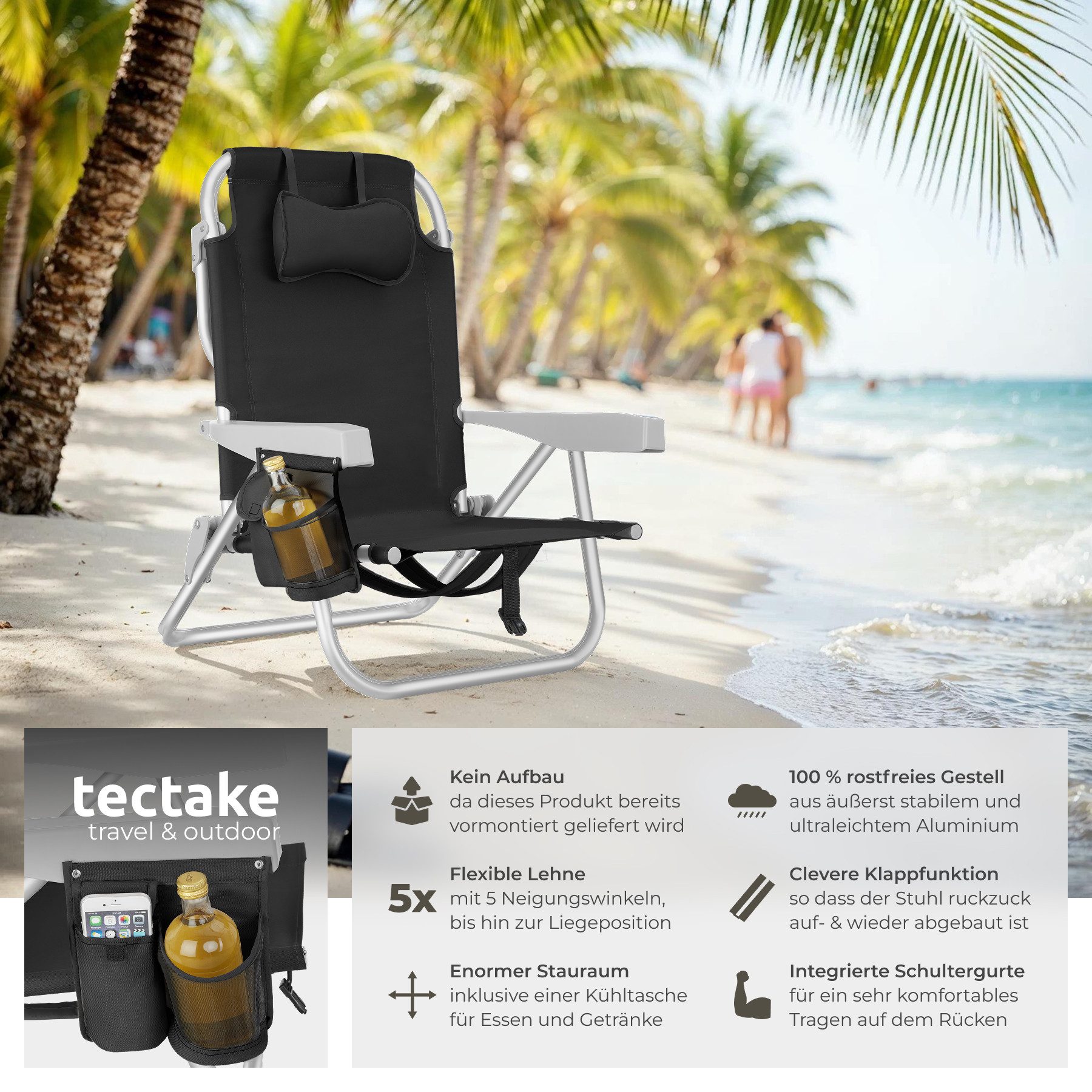 tectake Klappstuhl Strandstuhl Coral - klappbar mit Rucksackfunktion (strandstuhl Coral, 2 St), Fünffach verstellbare Rückenlehne – Bild 2 von 5