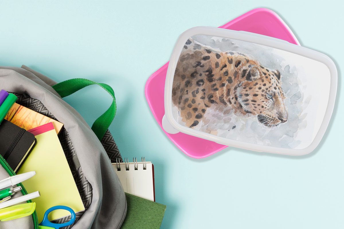 MuchoWow Lunchbox Leopard Kunststoff Blau, Snackbox, Mädchen, - (2-tlg), - Aquarell Kunststoff, Erwachsene, rosa Brotdose Kinder, Brotbox für