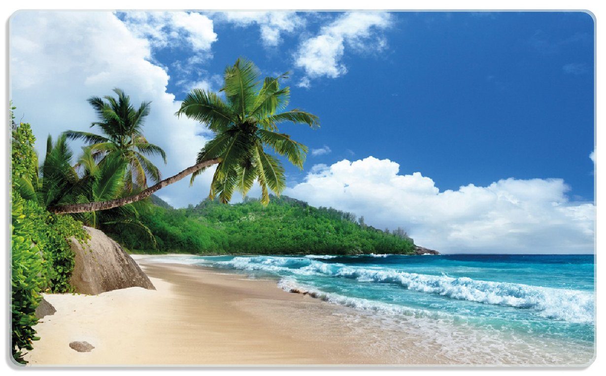 riesig Wallario Frühstücksbrett Urlaub auf den rutschfester 14x23cm unter ESG-Sicherheitsglas, Palmen 4mm, Sandstrand, (inkl. Seychellen 1-St), Gummifüße am