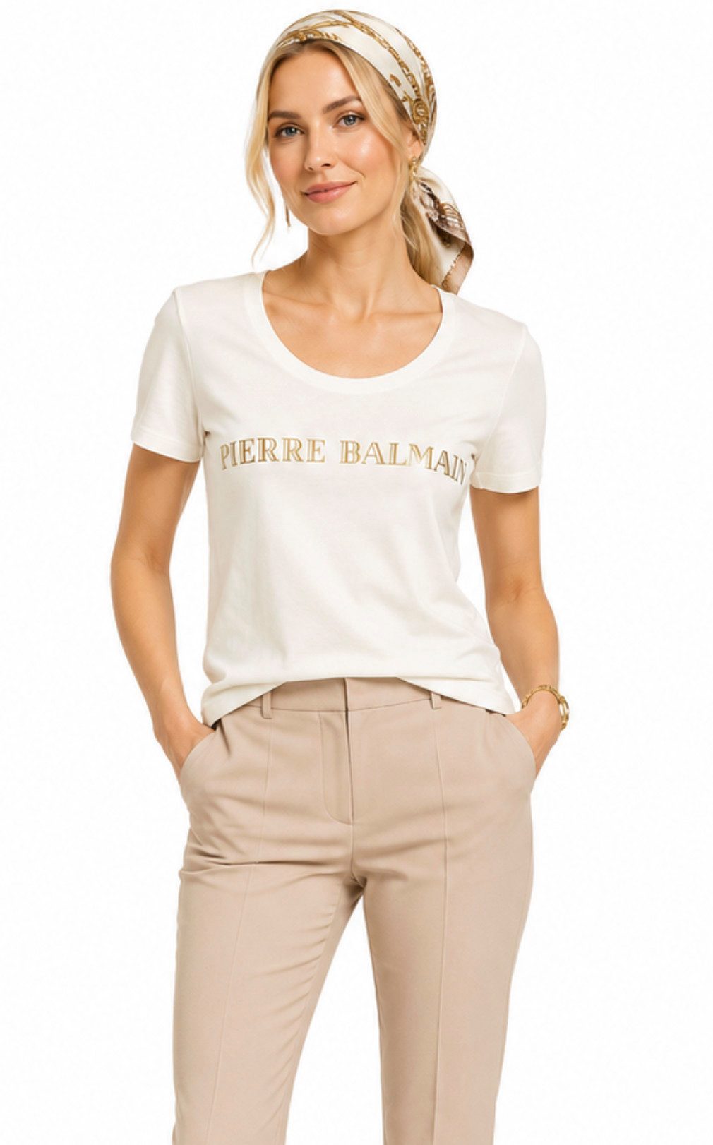 Balmain Paris T-Shirt Damen Pierre Balmain mit ikonischem Logo-Print U-Boot Kragen Taillierter Schnitt, schmaler Passform, Goldfarbener Logo-Print