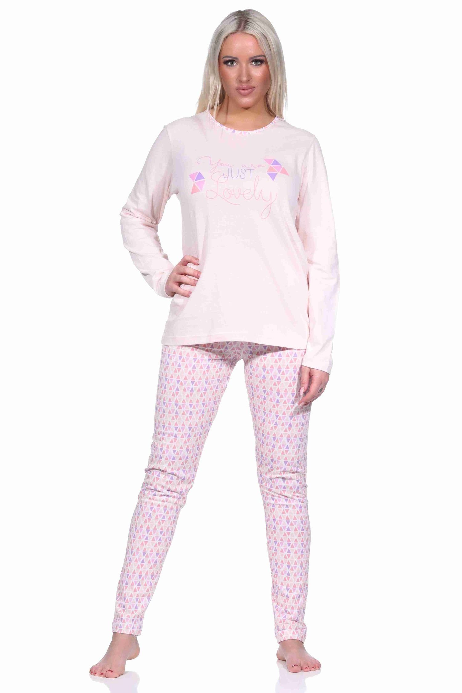 RELAX by Normann Pyjama Damen langarm Schlafanzug mit allover Druck und Frontprint rosa | Pyjamas