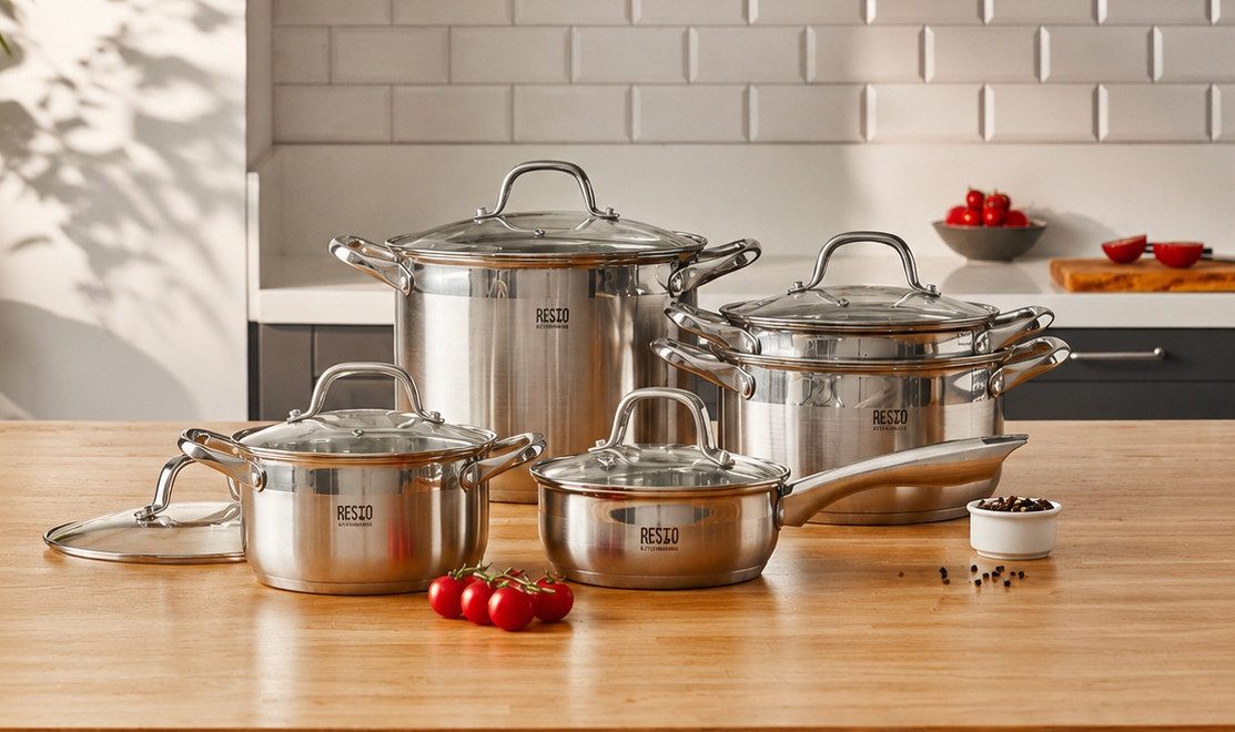 RESTO Kitchenware Topf-Set LIBRA, spülmaschinengeeignet, Edelstahl 18/10 (Set, 10-tlg., 1x Soßentopf Ø 16 cm m. Deckel, 4x Kochtopf Ø 18/20/22/24 cm m. Deckel), für alle Herdarten geeignet, auch Induktion