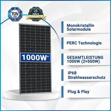 SOLAR-HOOK etm Solaranlage 1000W Balkonkraftwerk Komplettset inkl. 500W Solarmodule, Stockschrauben PV-Montage, 10M Schuckostecker und Neu Generation Deye 800W WIFI Wechselrichter mit Relais