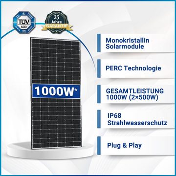 SOLAR-HOOK etm Solaranlage 1000W Photovoltaik Balkonkraftwerk mit HMS-800W-2T Wechselrichter, hochwertigen PV-Module, Antireflexbeschichtung, Monokristallin, Wasserdichtigkeitsklasse, Solaranlage steckerfertig für Ihr Haus, Plug & Play