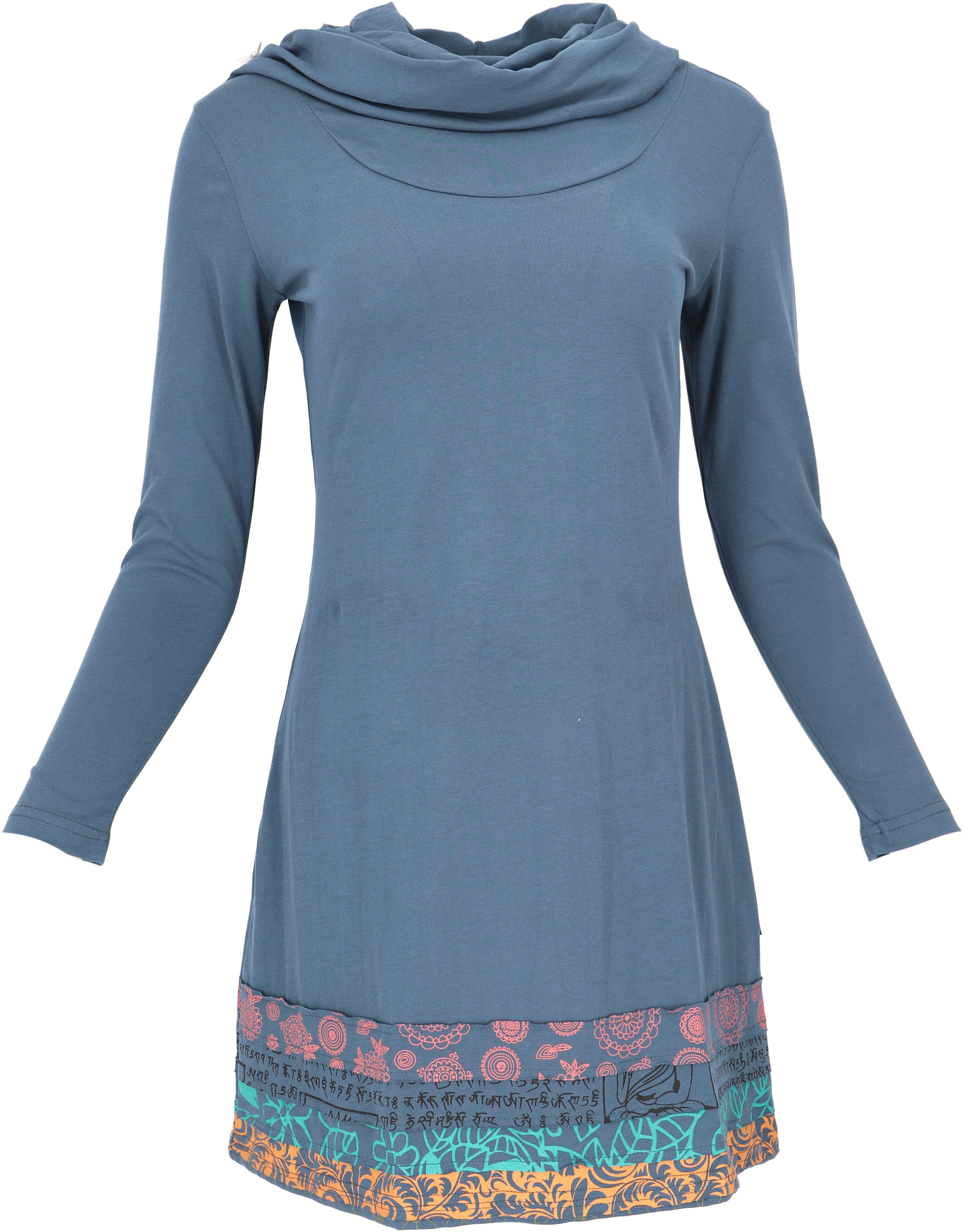 Guru-Shop Midikleid Boho Patchwork Minikleid mit Schalkragen -.. alternative Bekleidung