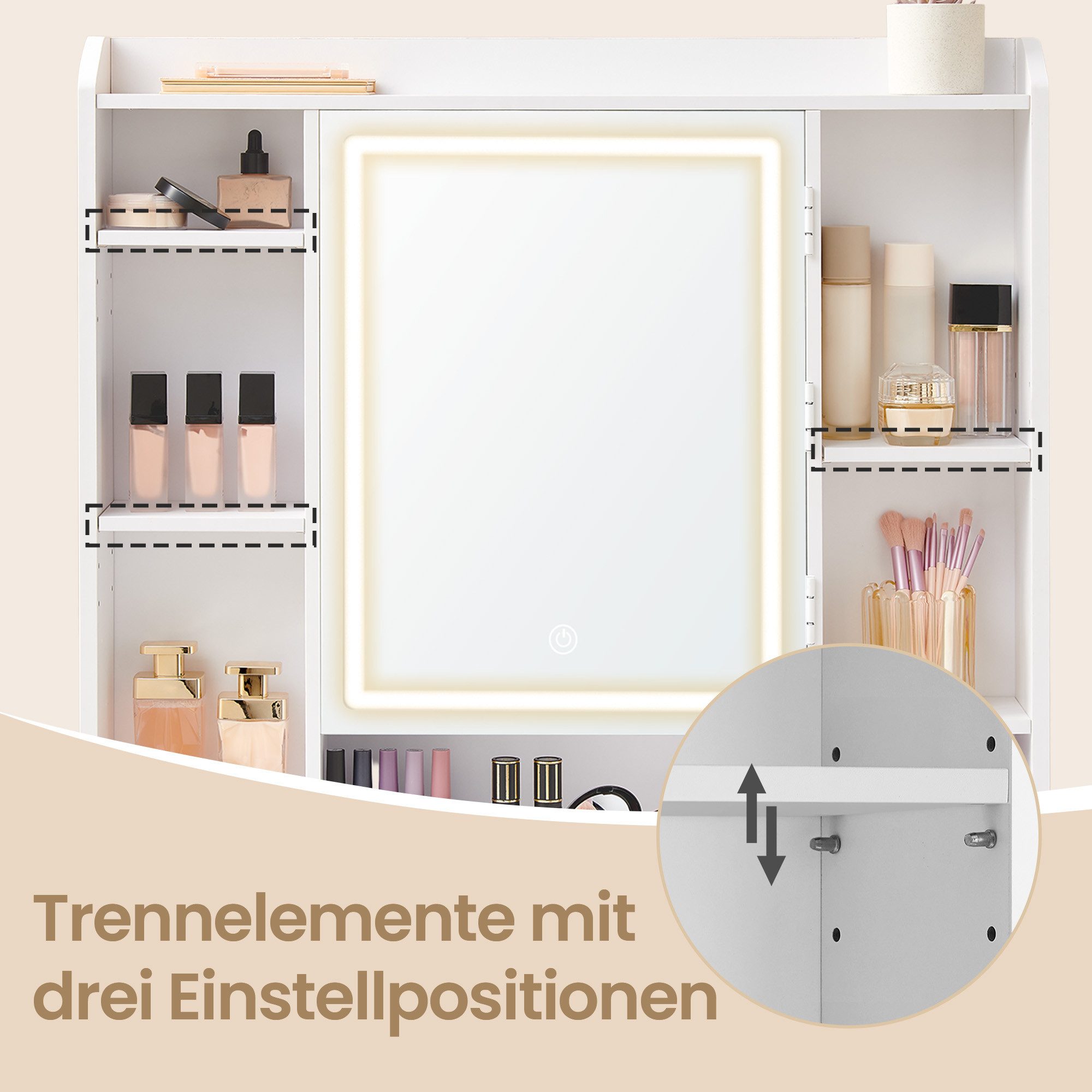 VASAGLE Schminktisch Frisiertisch mit Spiegel, Kosmetiktisch mit Schubladen (1 Tisch mit 1 Hocker), verstellbare Ablagen, 3 einstellbare Lichtfarben – Bild 5 von 5