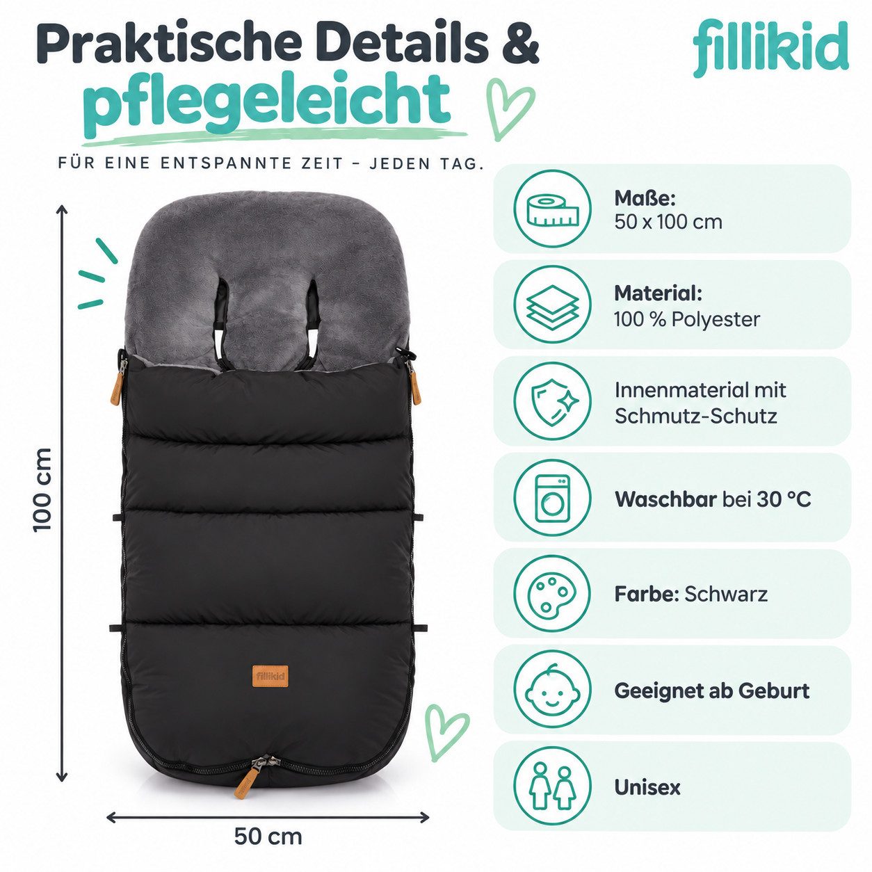 Fillikid Fußsack Winterfußsack Kinley Exklusiv, warmer Winterfußsack waschbar mit Rundum Reißverschluss und – Bild 3 von 5