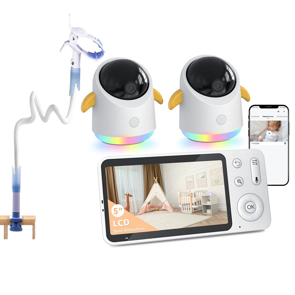 Video-Babyphone 2K/3MP Babyphone mit Kamera und App 5 Zoll WLAN Babyfon mit Halter