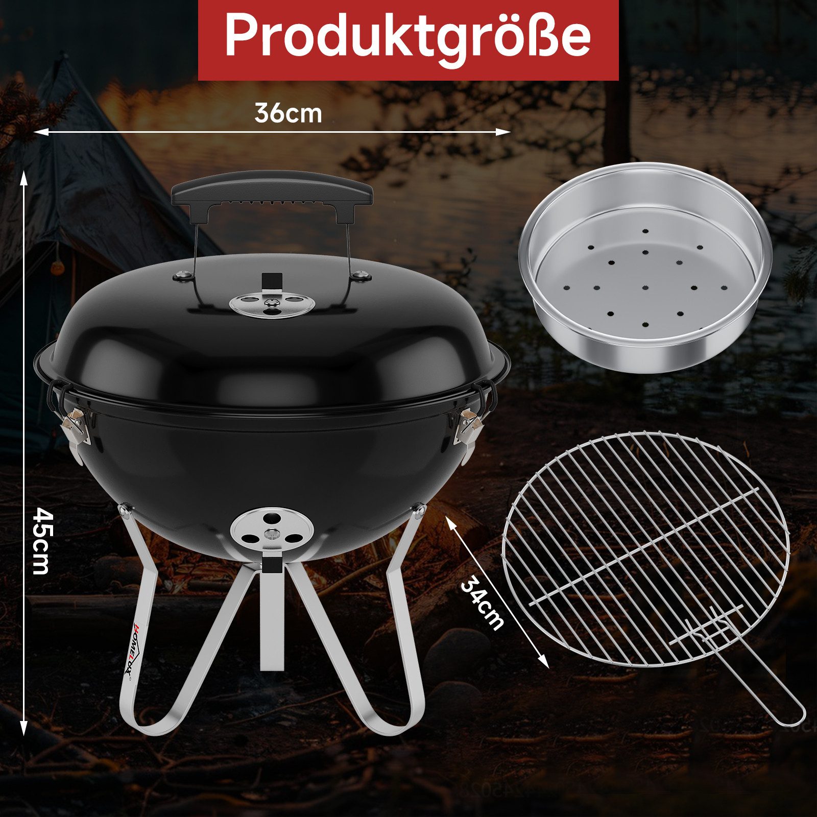 HOMELUX Holzkohlegrill Kugelgrill Ø34/44cm Grillfäche Campinggrill mit Luftventilen & Deckel, Verbrühungsschutz-Grif, Robust & langlebig, Tragbarer Holzkohlegrill mit Deckel