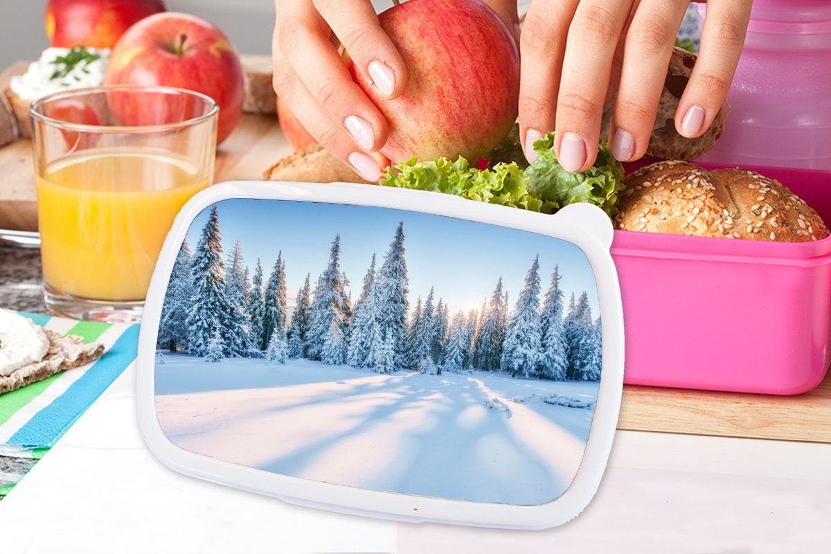 Winter, Wald Brotbox Lunchbox Mädchen, Erwachsene, Schnee Kunststoff, rosa für Kunststoff - (2-tlg), Snackbox, Kinder, MuchoWow - Brotdose