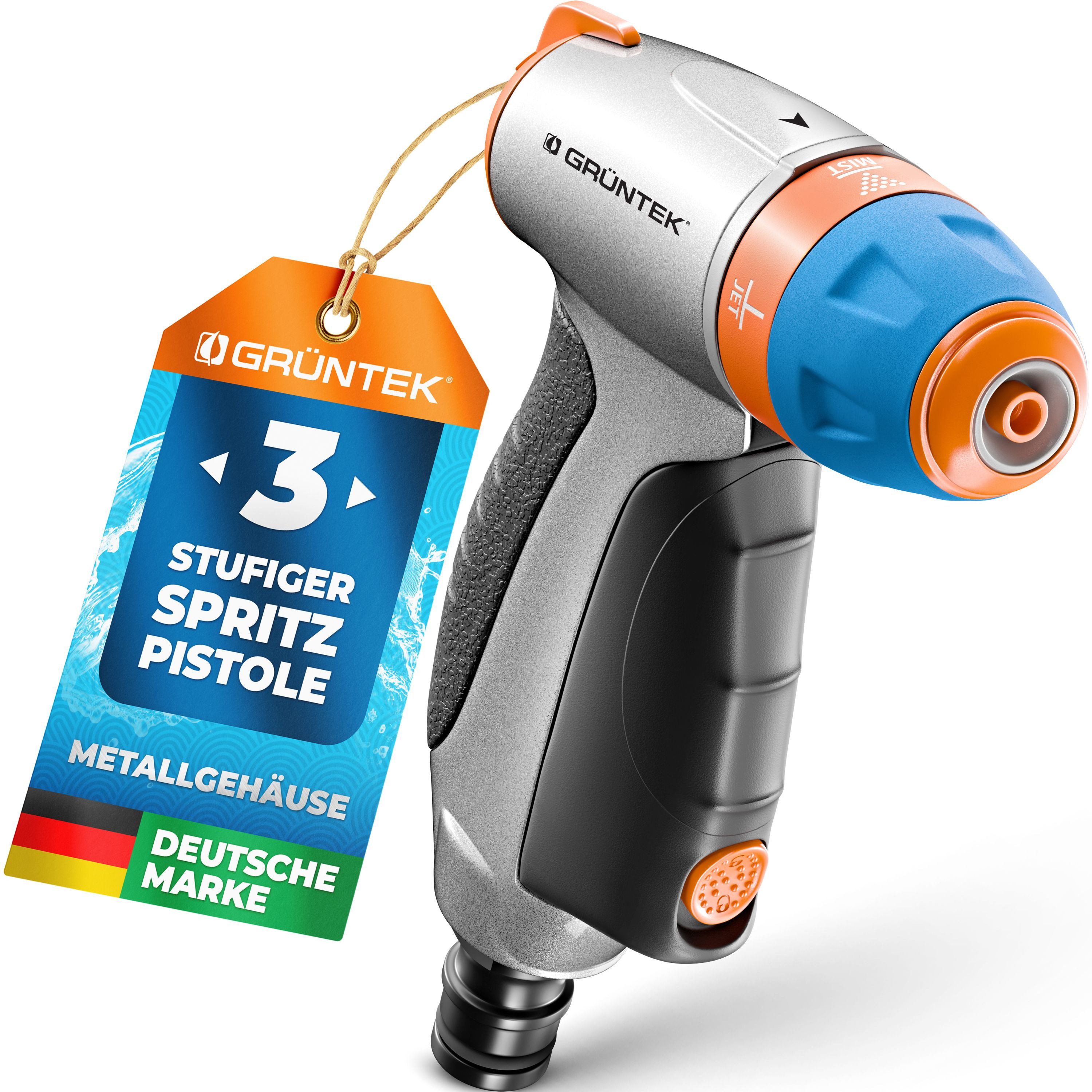 GRÜNTEK Multifunktionsbrause Metall Gartenbrause verstellbar von Stechstrahl bis fein, mit 3 Düsen, (Sprühkopf), für Garten, Autowaschen und Zuhause, stoßfest und leichtgewichtig