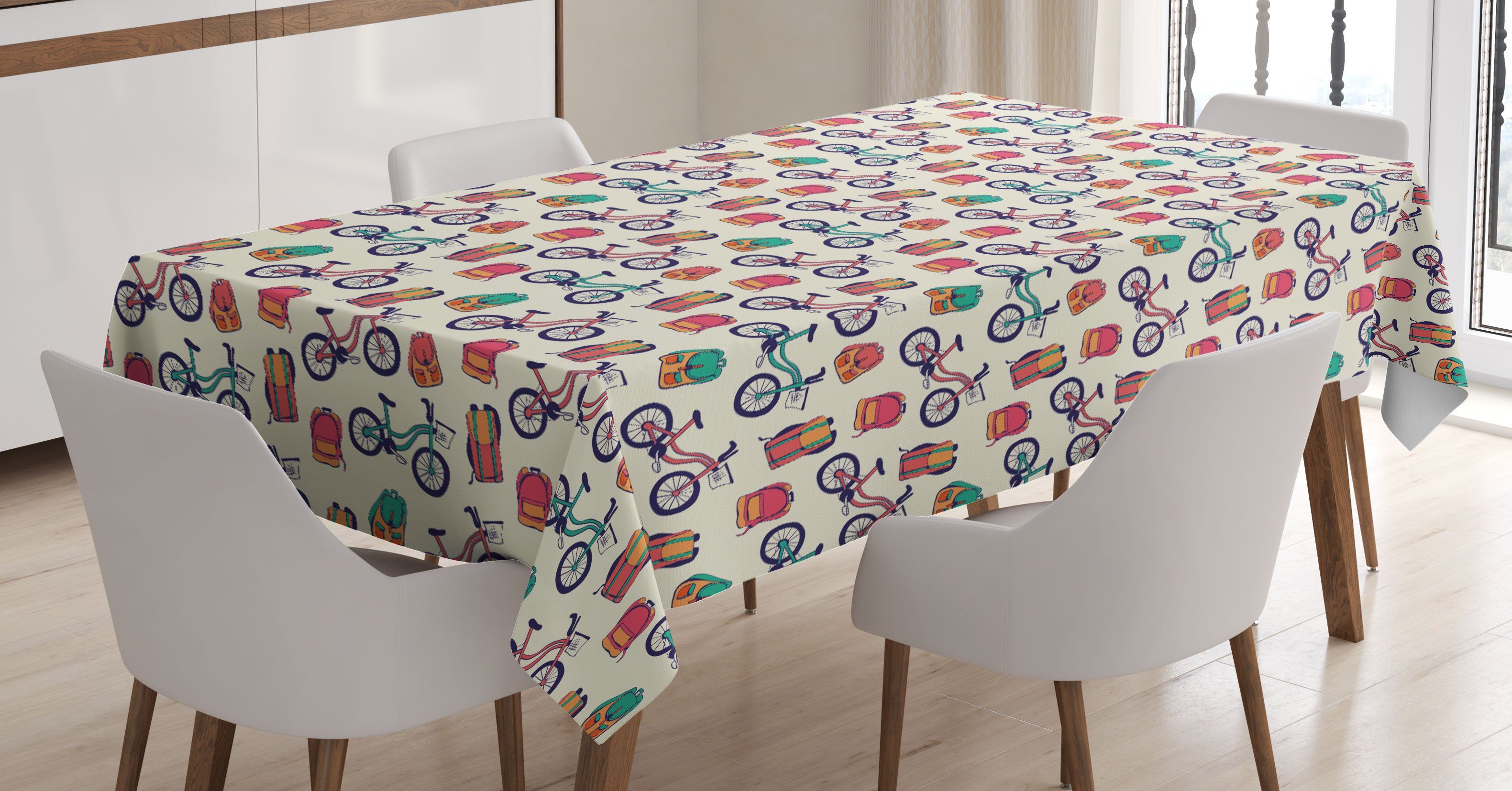 Abakuhaus Tischdecke Farbfest Waschbar Für den Außen Bereich geeignet Klare Farben, Draussen Fahrräder und Rucksäcke Kunst