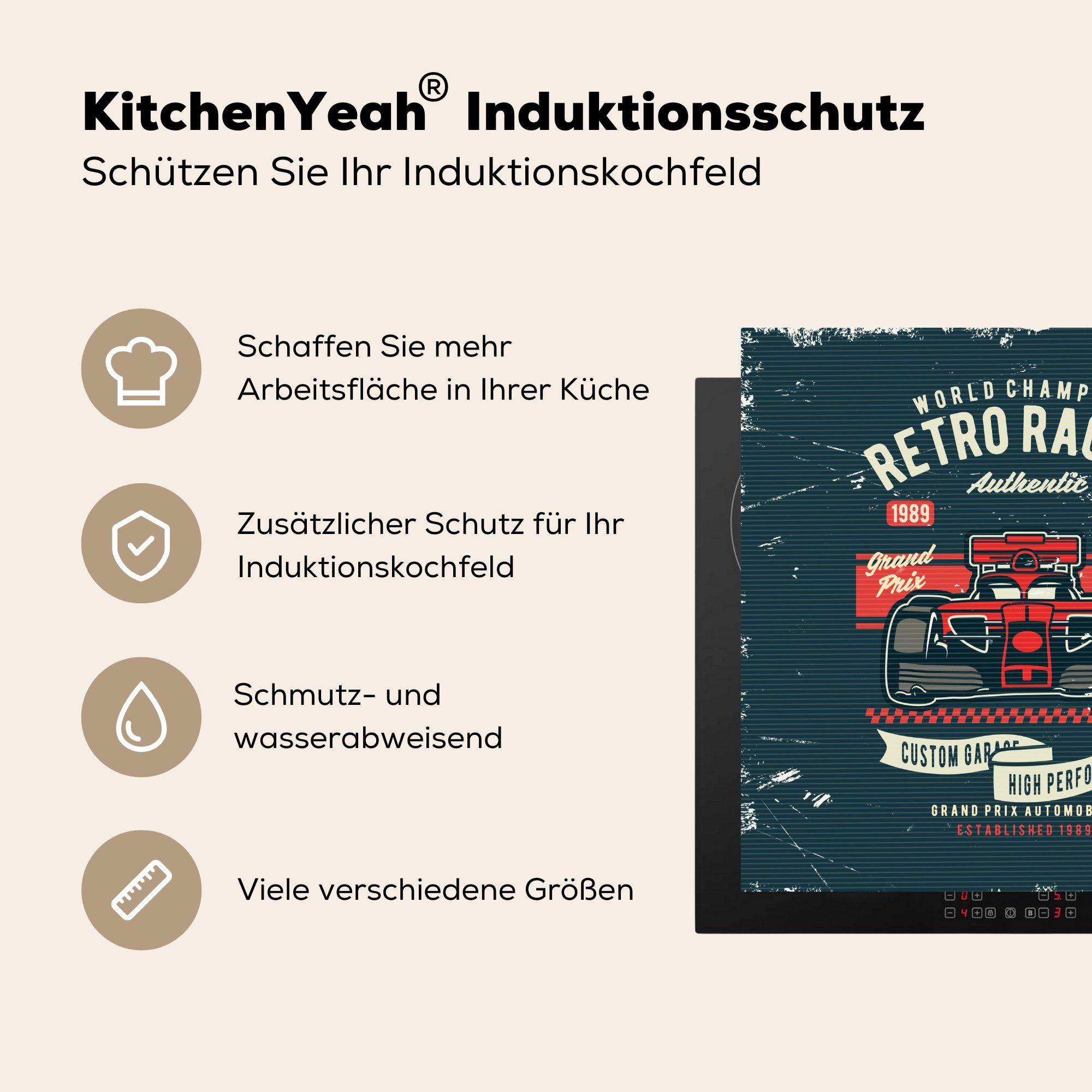 MuchoWow Herdblende-/Abdeckplatte Auto Vinyl, für - Zeichnung, 78x78 Arbeitsplatte (1 tlg), Retro küche Ceranfeldabdeckung, - cm, Rennen 