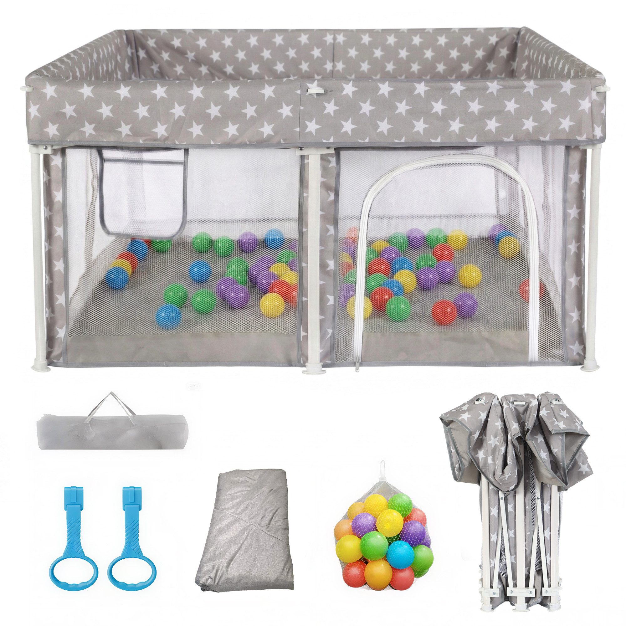 SEHAUSEU Laufgitter Laufstall baby zusammenfaltbar Krabbelgitter mit Spielmatte, mit Ozeanbällen, Tragetasche, Stehender Zugring