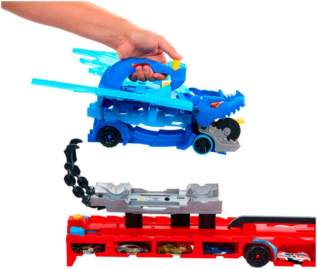 Hot Wheels Toy Monster Truck Hot Wheels City Ultimate 2-in-1 Dragon Transporter, Includes 2 Hot Wheels Die-Cast Vehicles in 1:64 Scale