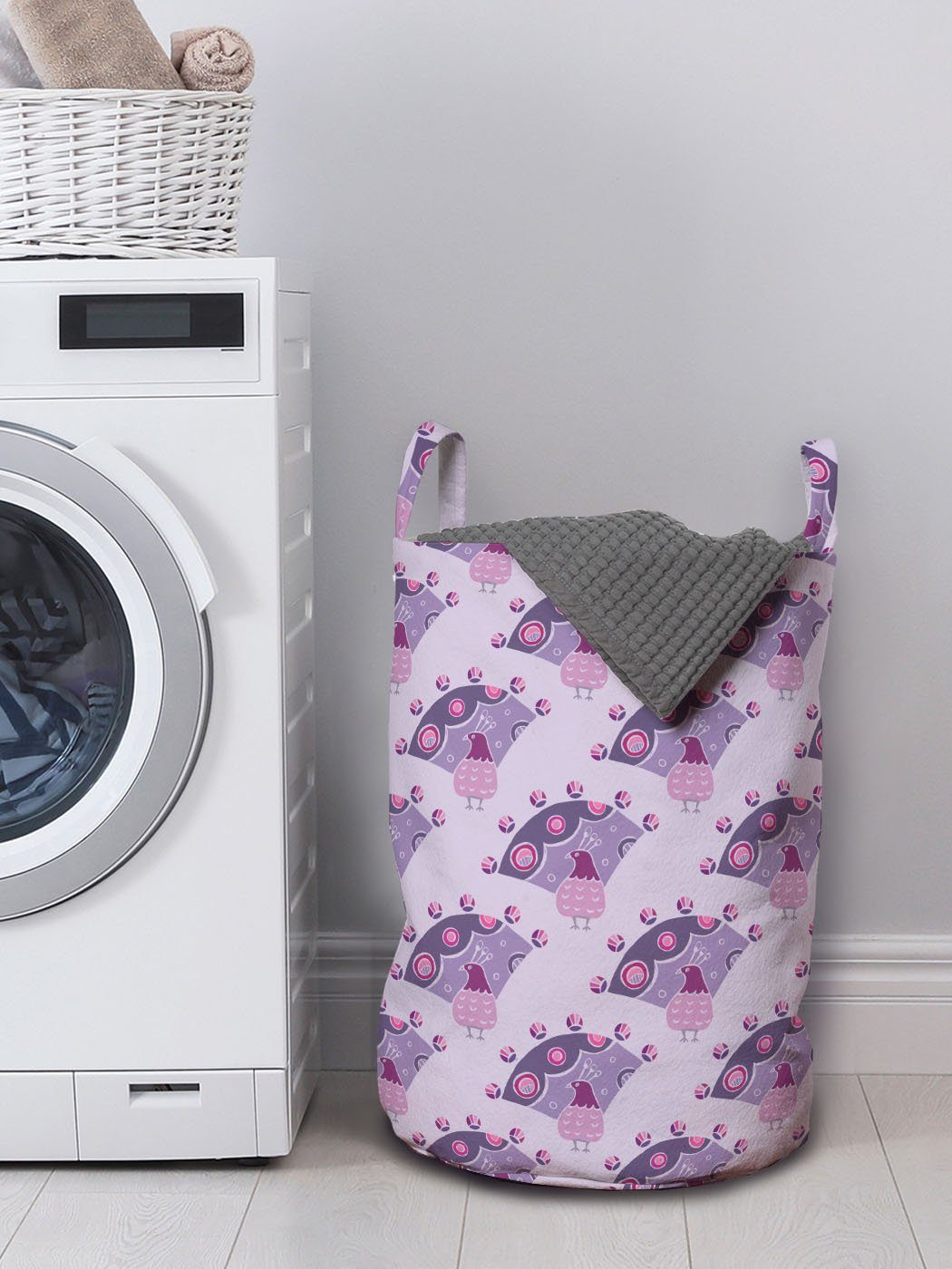 Wäschekorb für mit Abakuhaus Wäschesäckchen Vogel Waschsalons, Exotische Pfau-Muster Lustige Griffen Kordelzugverschluss