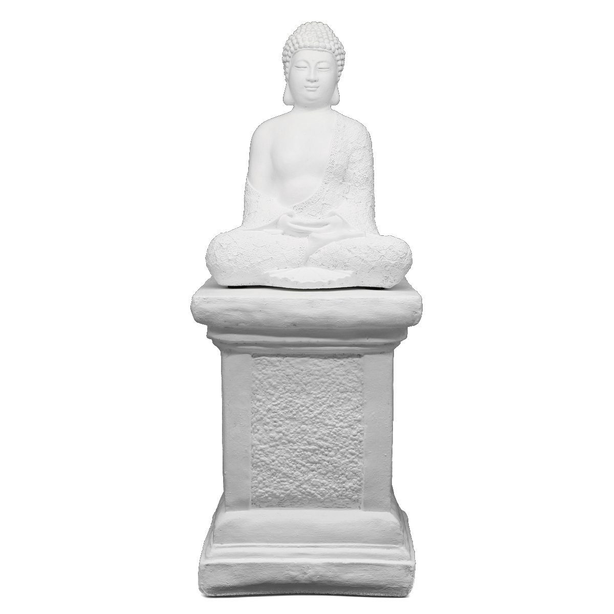 Tiefes Kunsthandwerk Buddhafigur Buddha Figur mit Säule aus Stein - Statue, frostsicher, winterfest, Made in Germany weiß